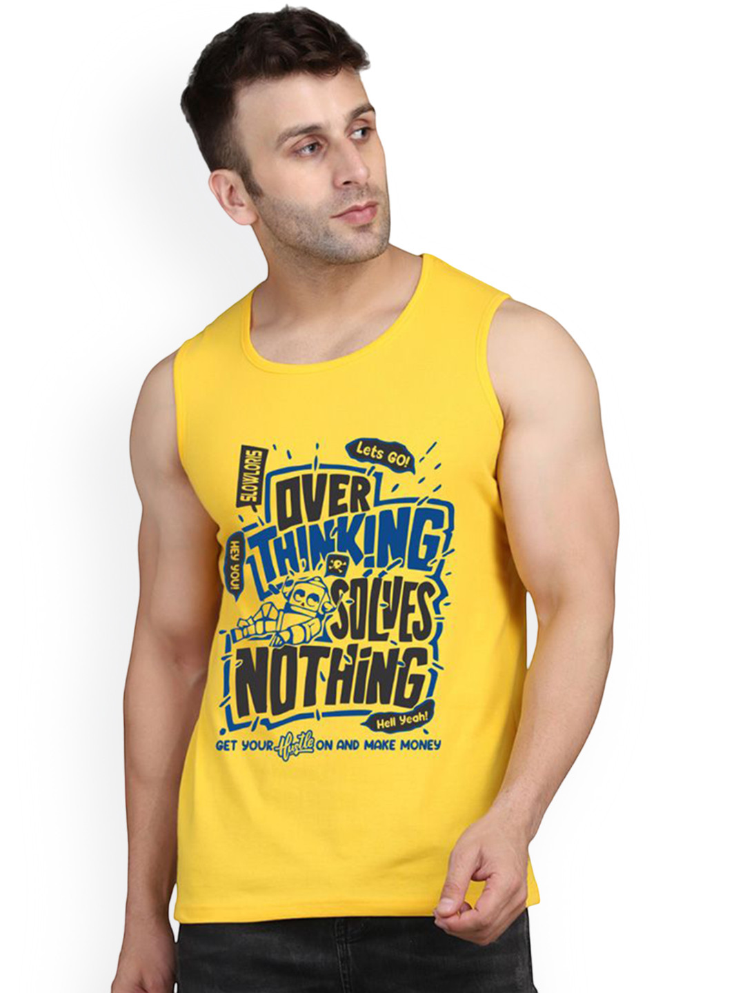 SLOWLORIS Men Printed Super Combed Cotton Gym Vest VSL26 OVRTNK YELLOW