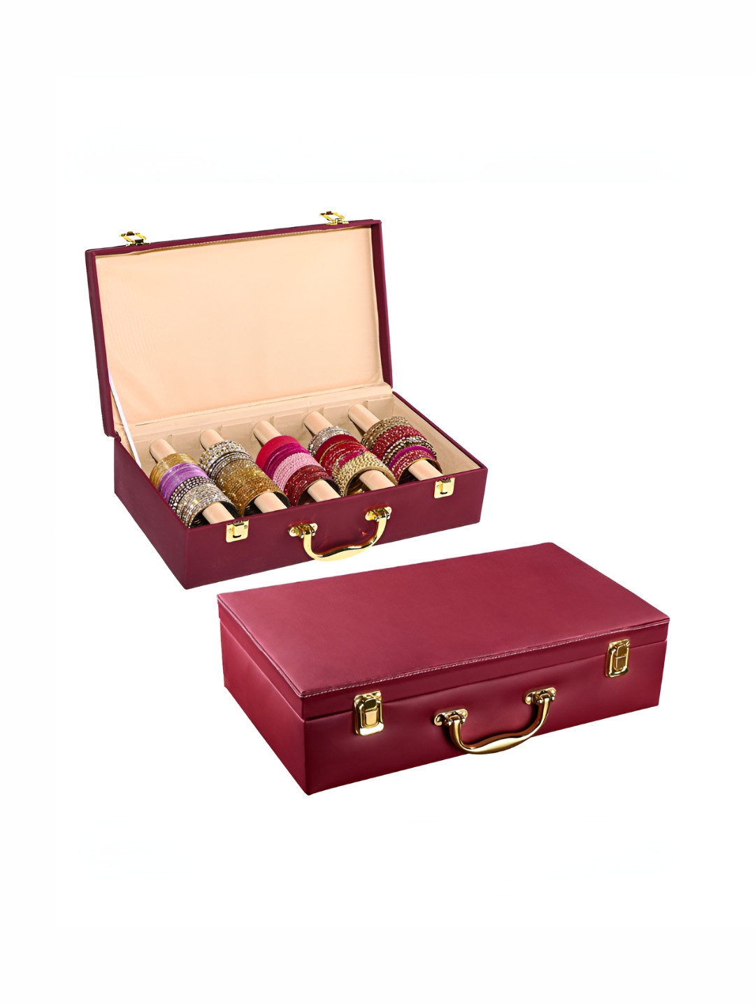 Aura Maroon 2 Pcs 5 Rod Premium Leather Bangle Box Chudi Box Jewellery Organiser