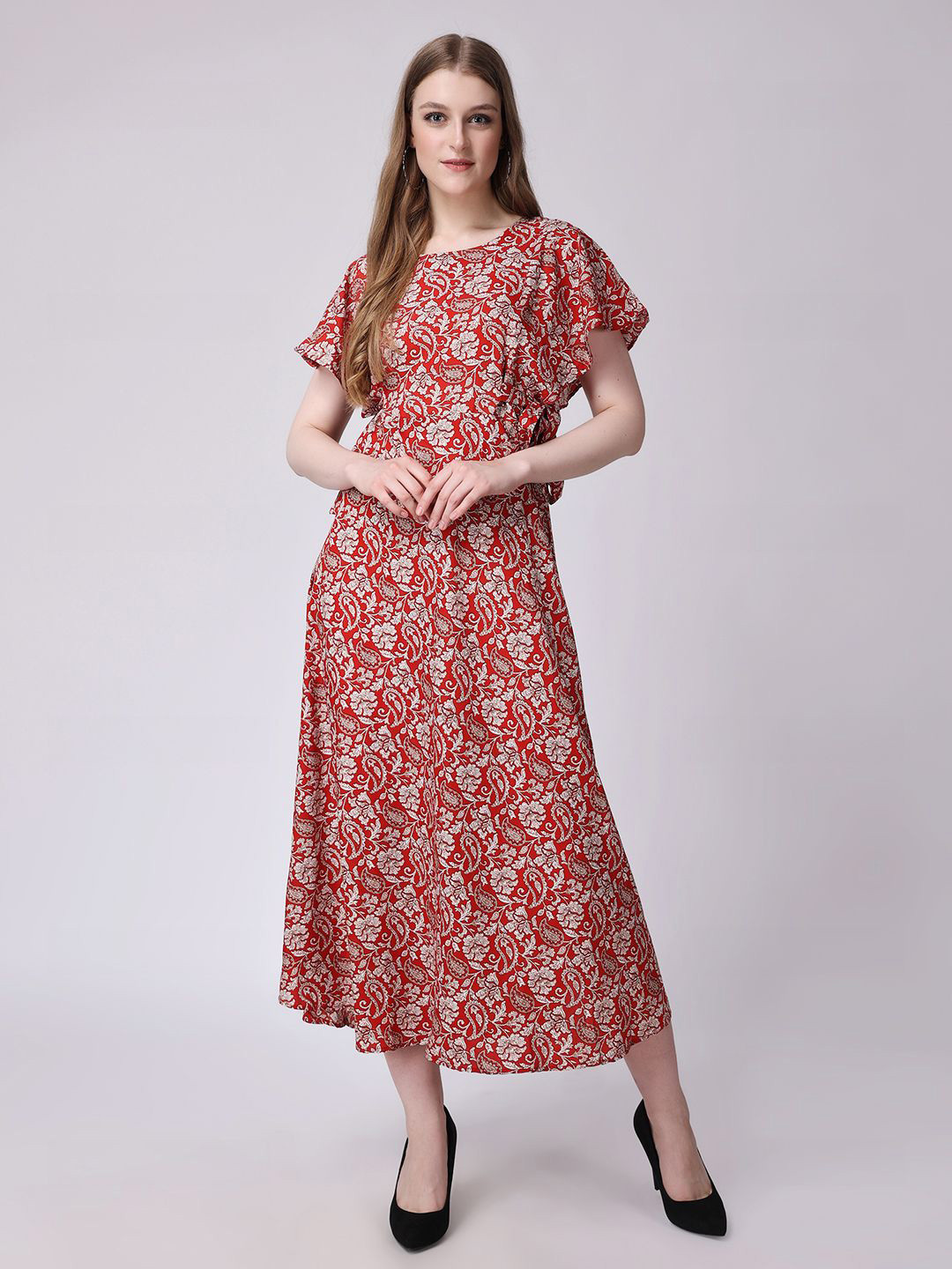 ZARISTAA Floral Flutter Sleeve Crepe Fit & Flare Midi Dress