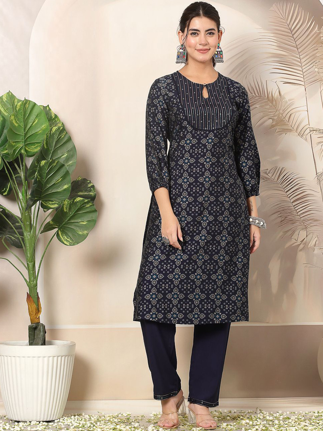 Nayam By Lakshita Sequinned Straight Bandhani Printed Kurta Palazzo Set