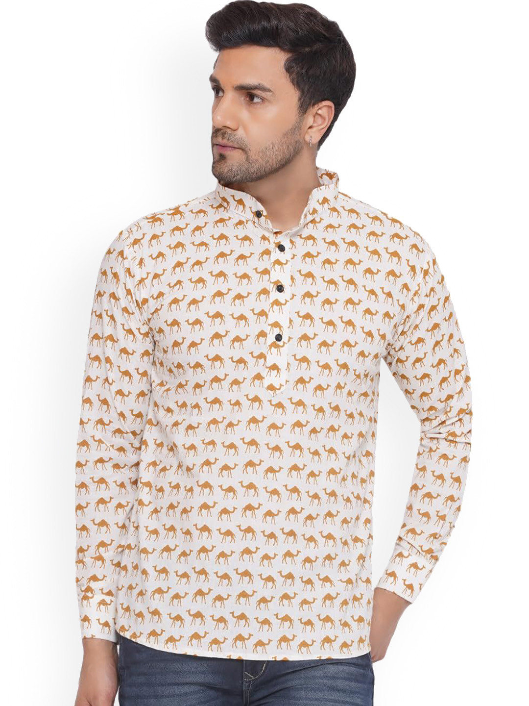 VEERA PARIDHAAN Animal Printed Band Collar Long Roll-Up Sleeves Cotton Kurta