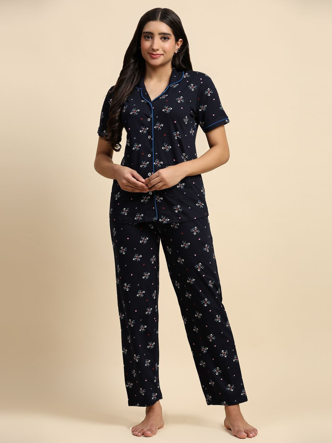 BLUWEEA Women Printed Lapel Collar Pure Cotton Night Suit