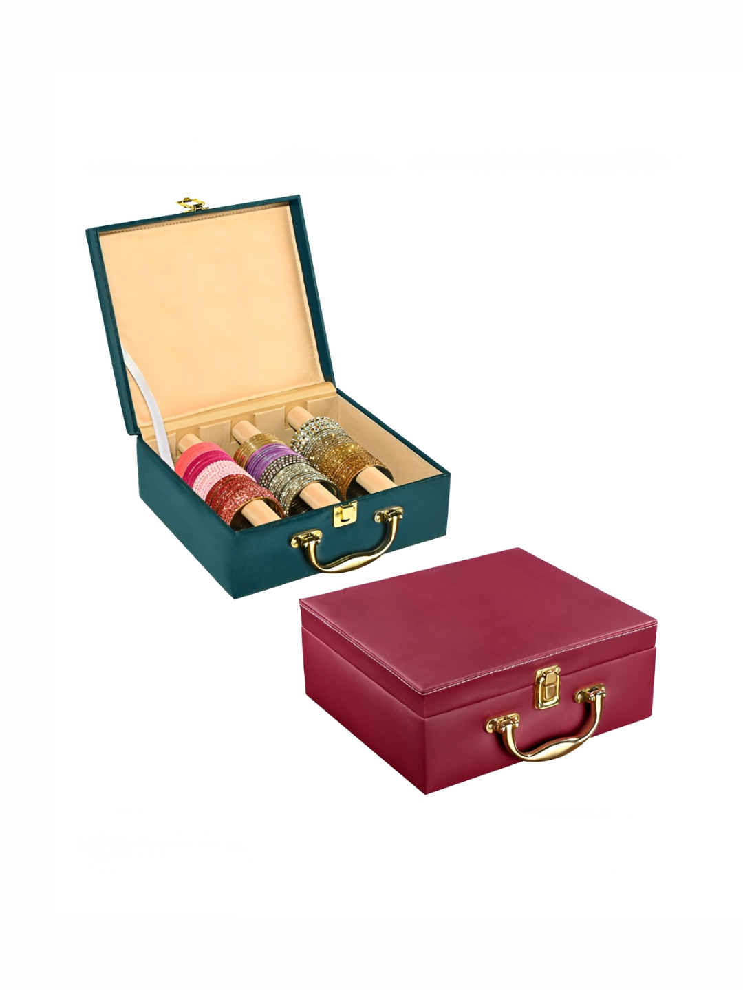Aura Teal & Maroon 2 Pcs 3 Rod Premium Leather Bangle Box Chudi Box Jewellery Organiser