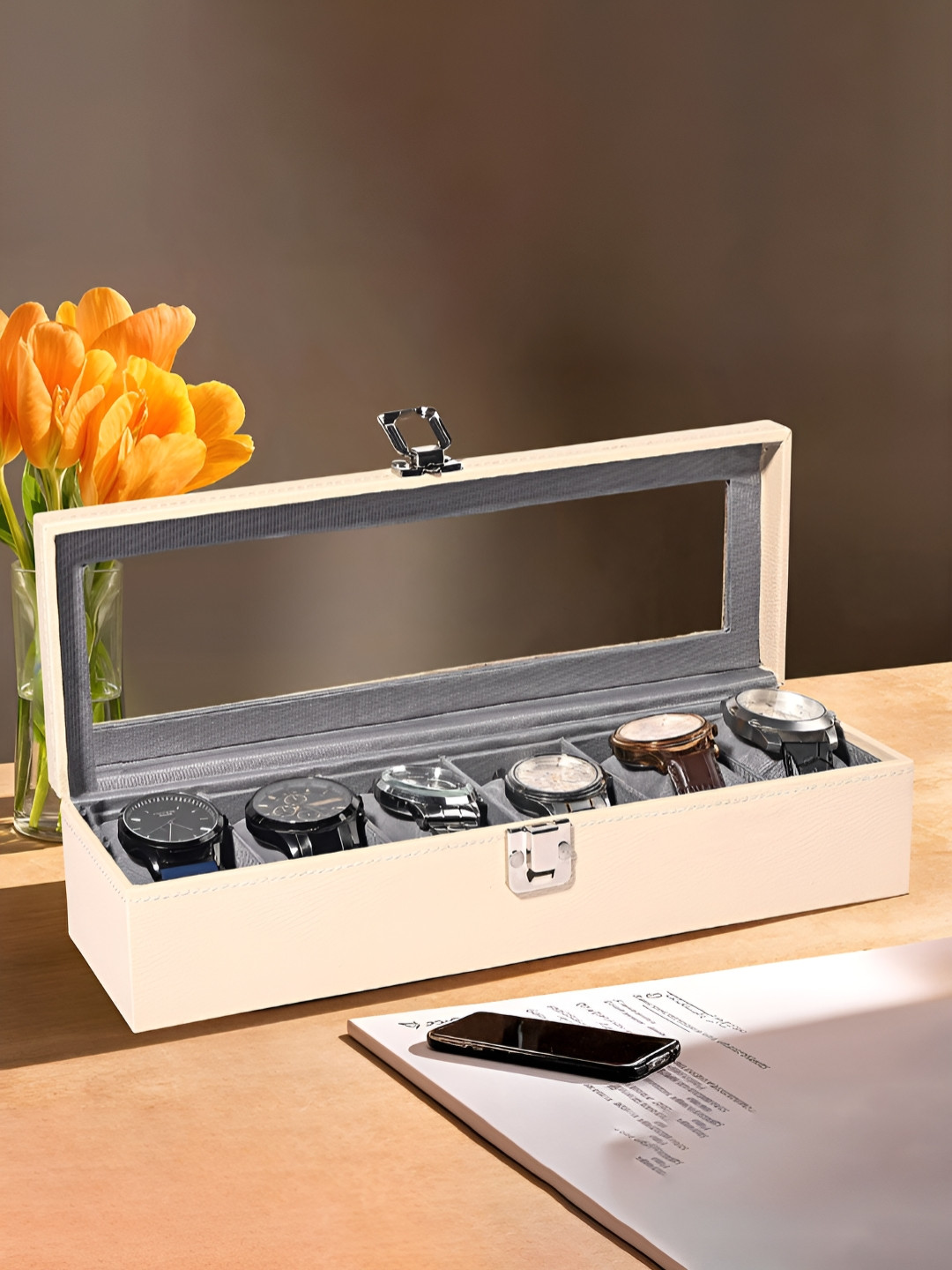 Myntra Elegant Homes Cream Premium Faux Leather 6 Slots Watch Collection Box Organisers