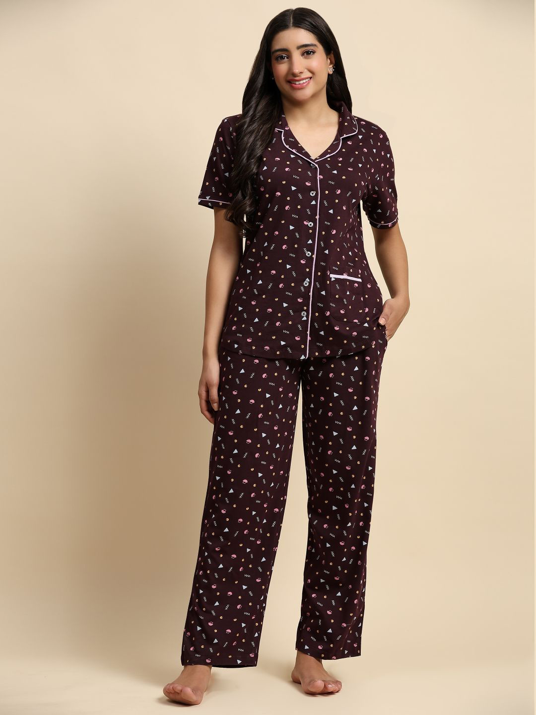 BLUWEEA Women Pure Cotton Printed Lapel Collar Night suit