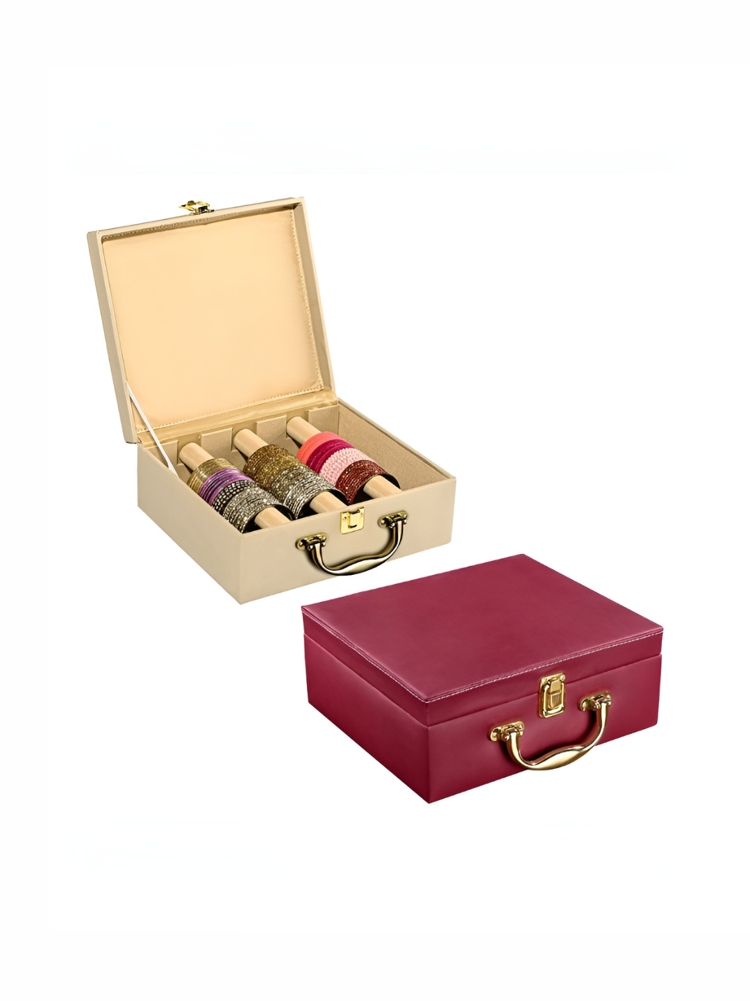Aura Beige & Maroon 2 Pcs 3 Rod Premium Leather Bangle Box Chudi Box Jewellery Organiser