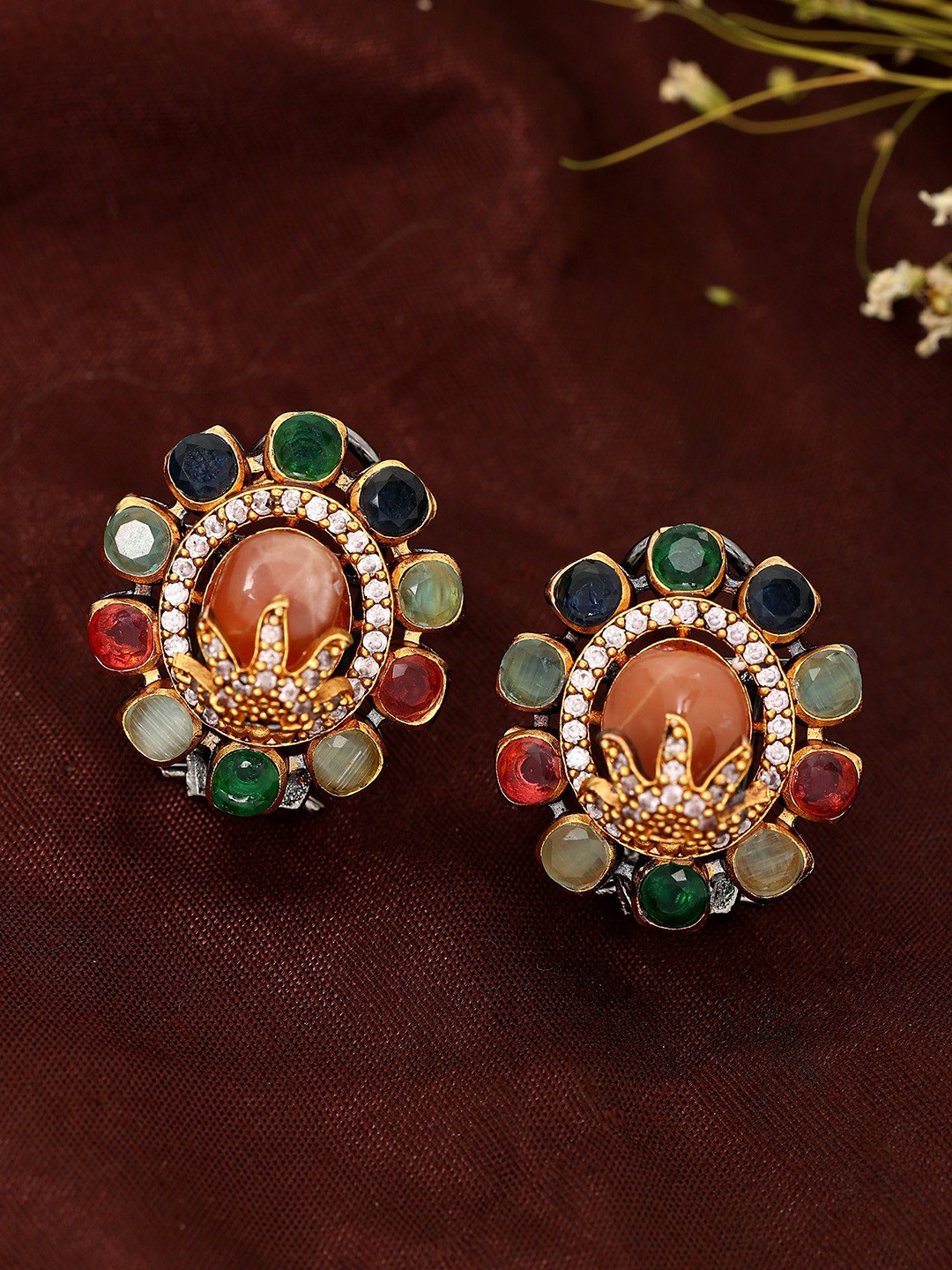 Exotic India Multistone Studded Floral Design Earrings In Alloy