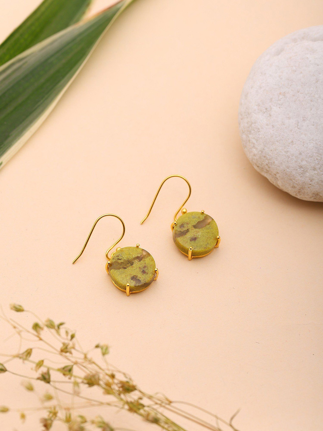 Exotic India Gold-Plated Sterling Silver Round Shape Opal Gemstone Earrings