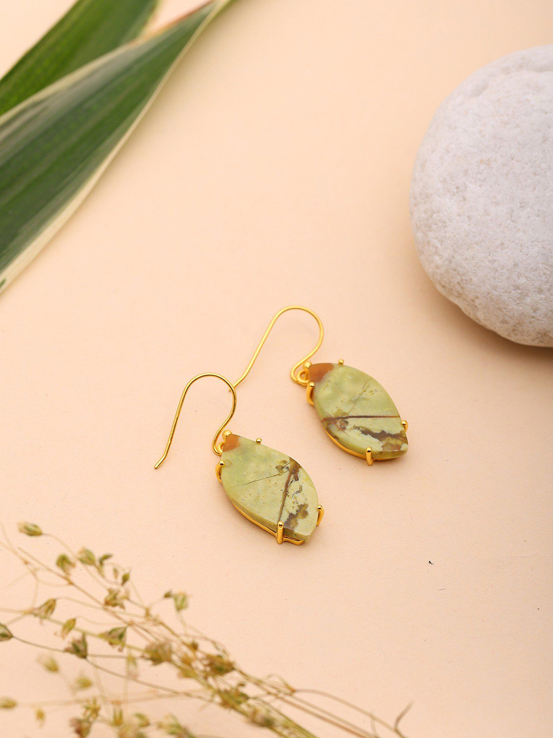 Exotic India Gold-Plated Leaf Shaped Opal Gemstone Half Hoop Earrings