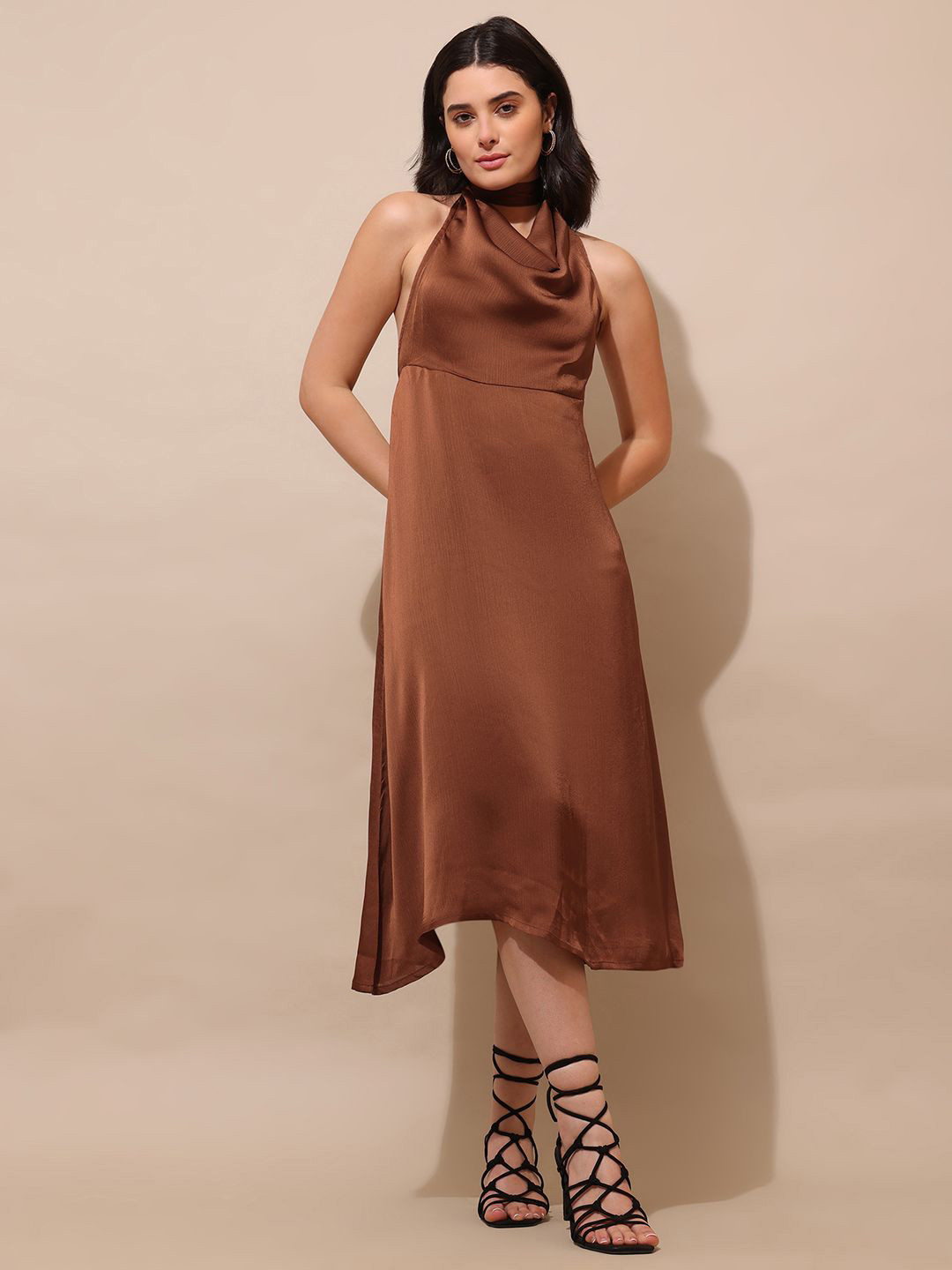 PURVAJA Women Choker Neck Satin Sheen Backless A-Line Midi Dress