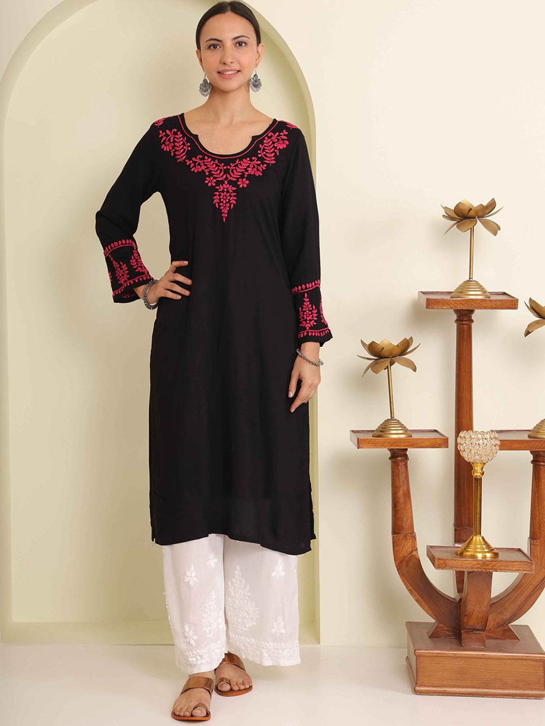 GHARANA INDIA Modal Cotton Yoke Design Embroidered Chikankari Straight Kurta