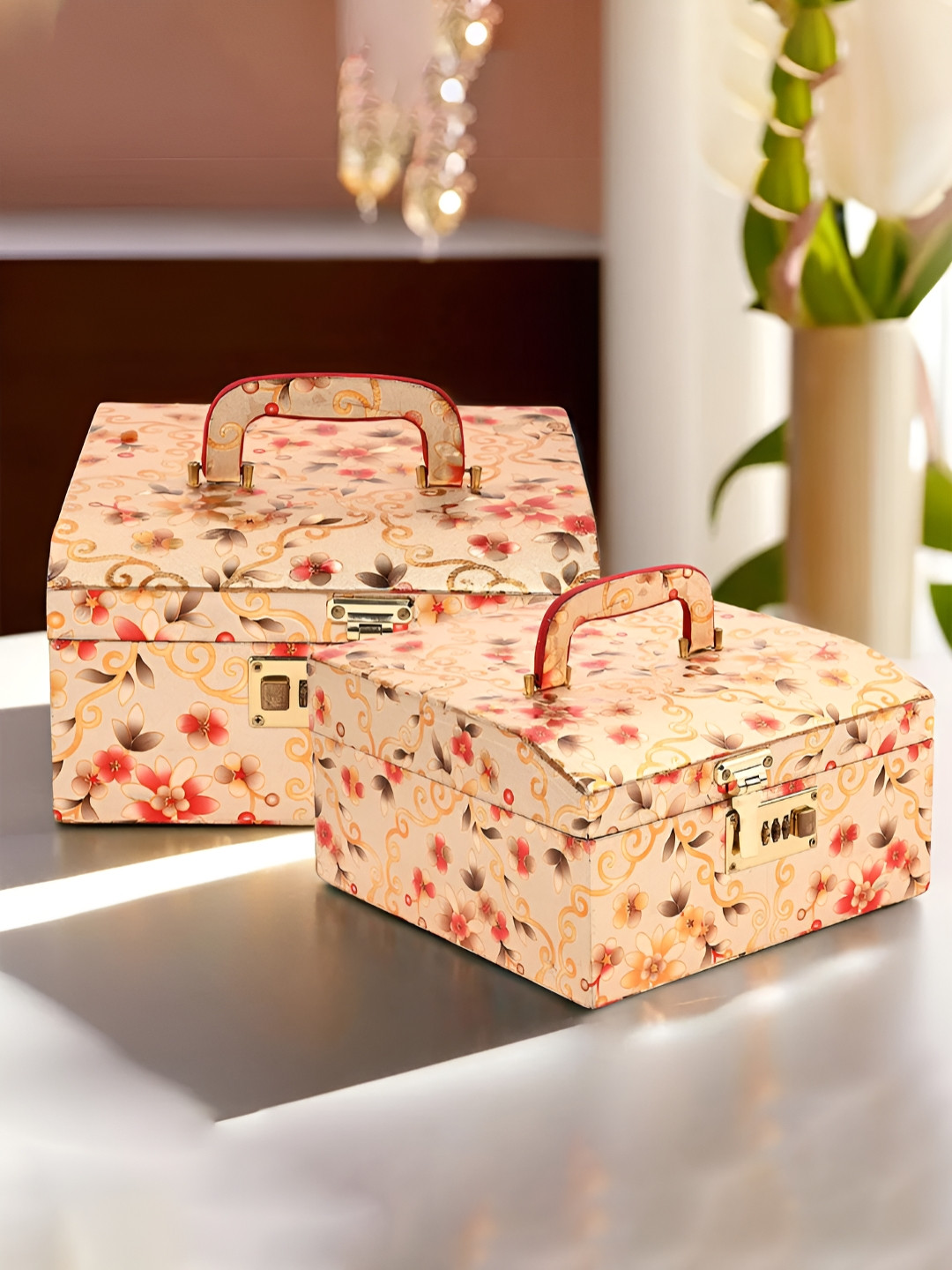 Aura Gold-Toned Set of 2 Makeup Box Vanity Box Jewellery Organiser Storage Box Number Lock