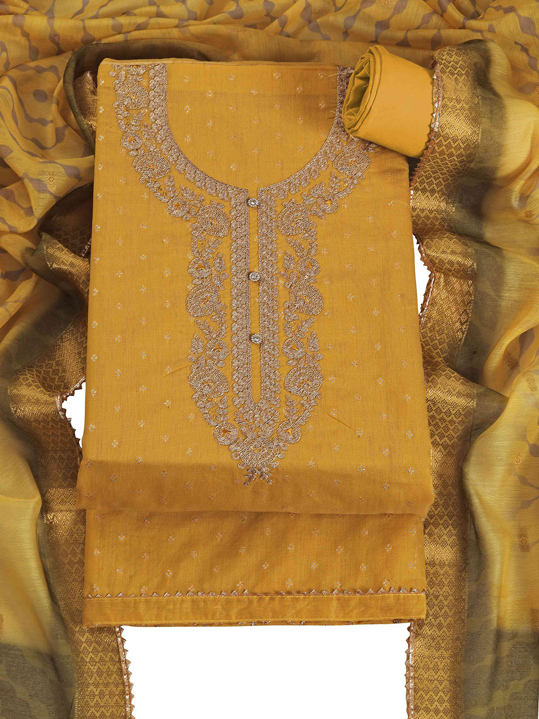 TAVAS Embroidered Chanderi Silk Unstitched Dress Material