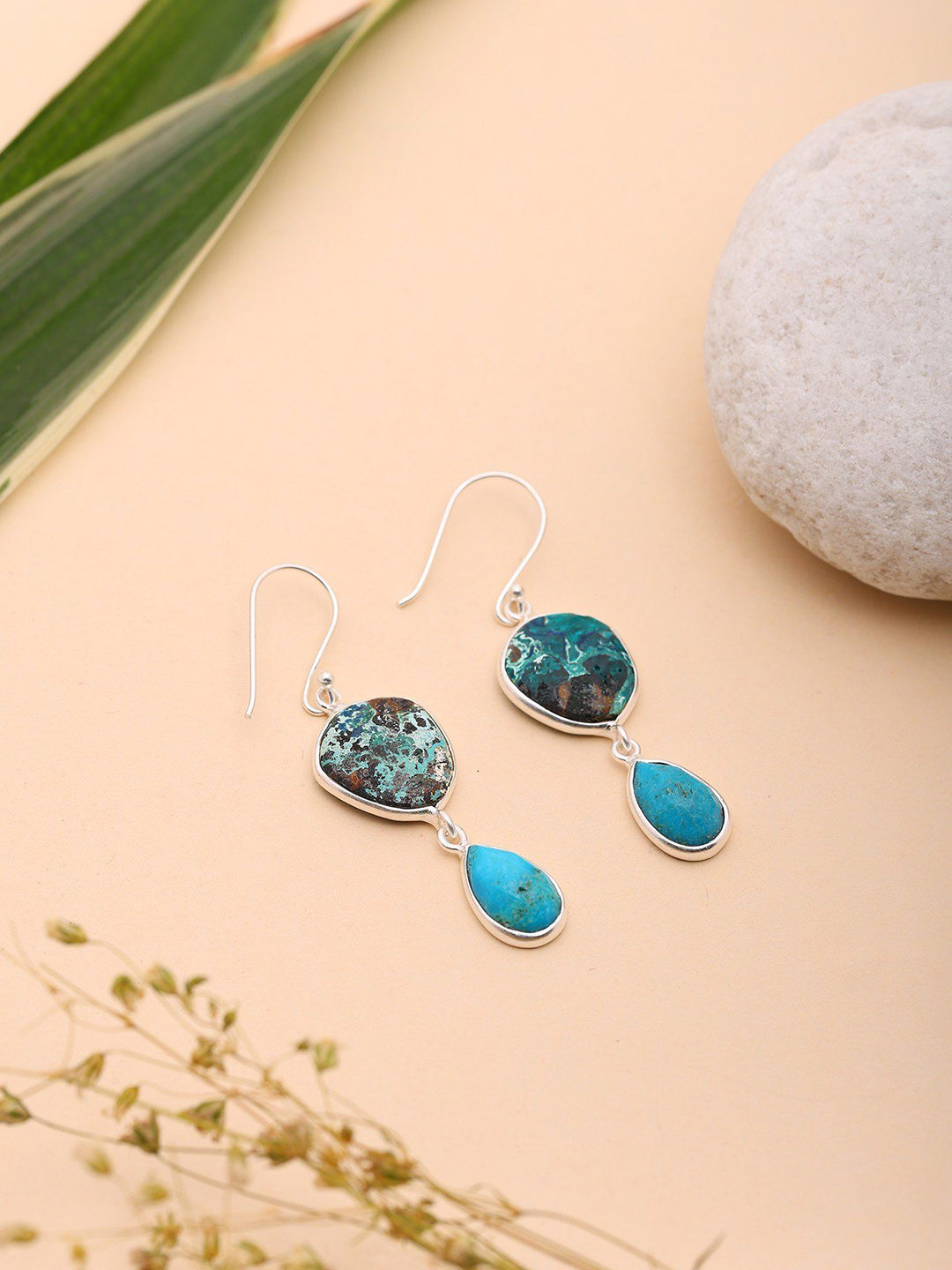Exotic India Sterling Silver Teardrop Shaped Turquoise Oxidised Drop Earrings