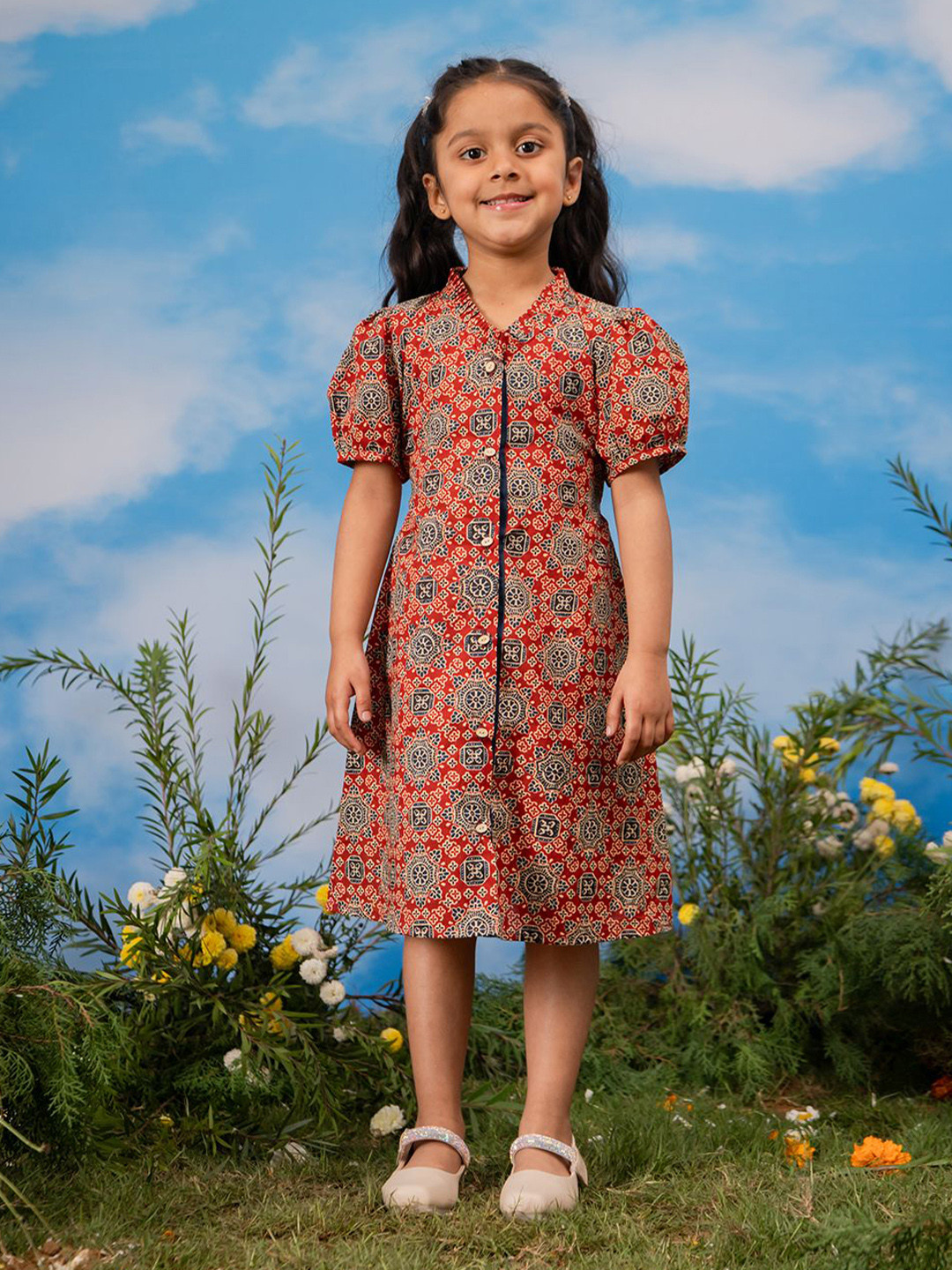 VASTRAMAY Girl Ajrakh Print Mandarin Collar Puff Sleeve A-Line Dress