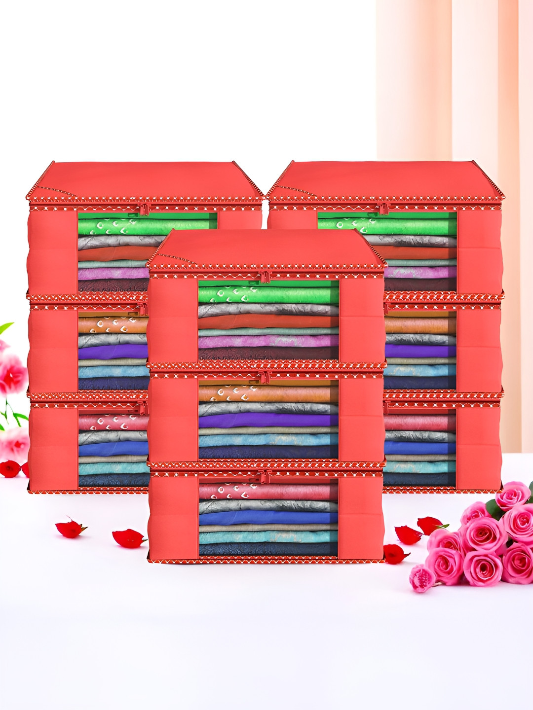 Myntra Elegant Homes Red Set of 9 Foldable Storage Non-Woven Saree Cover Organisers