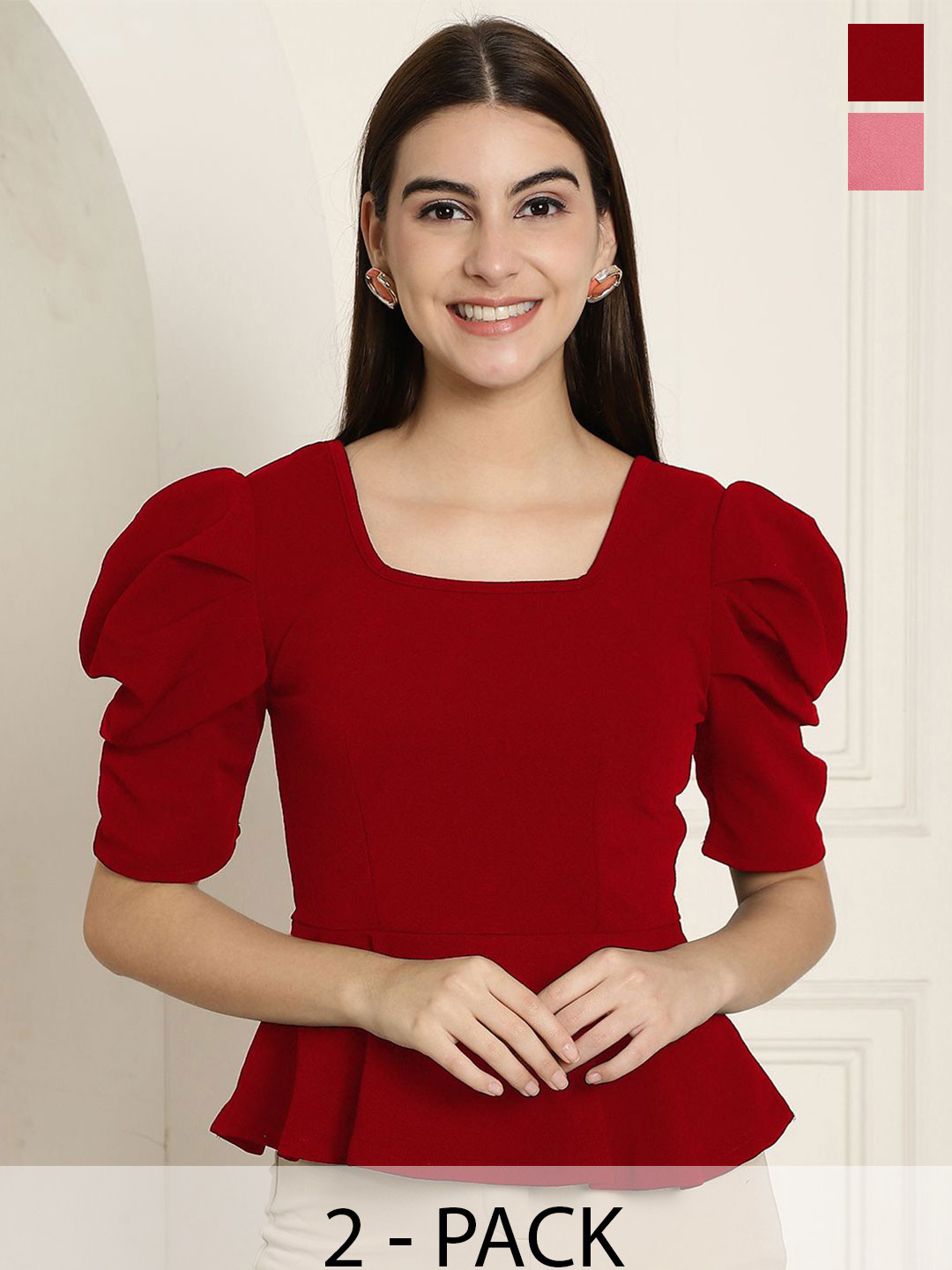 Tromko Women Solid Color Square Neck Puff Sleeve  Top