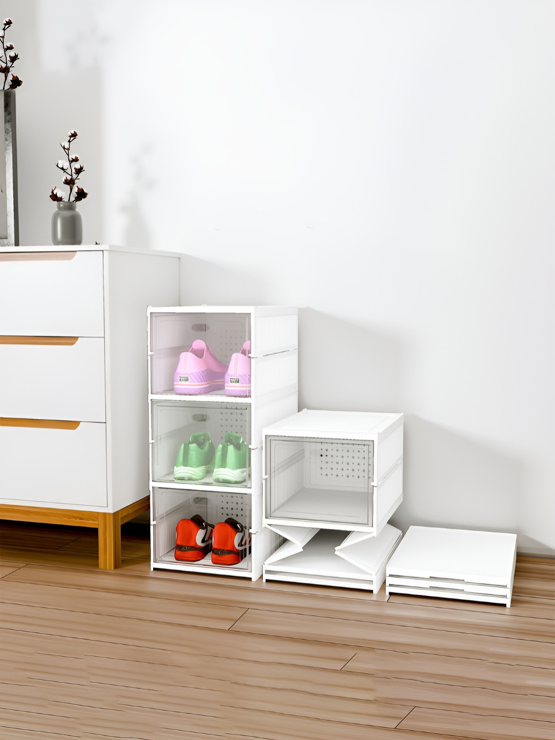 Myntra Elegant Homes White 3-Layer Foldable Cabinet Drawer Storage Shoe Rack Organisers