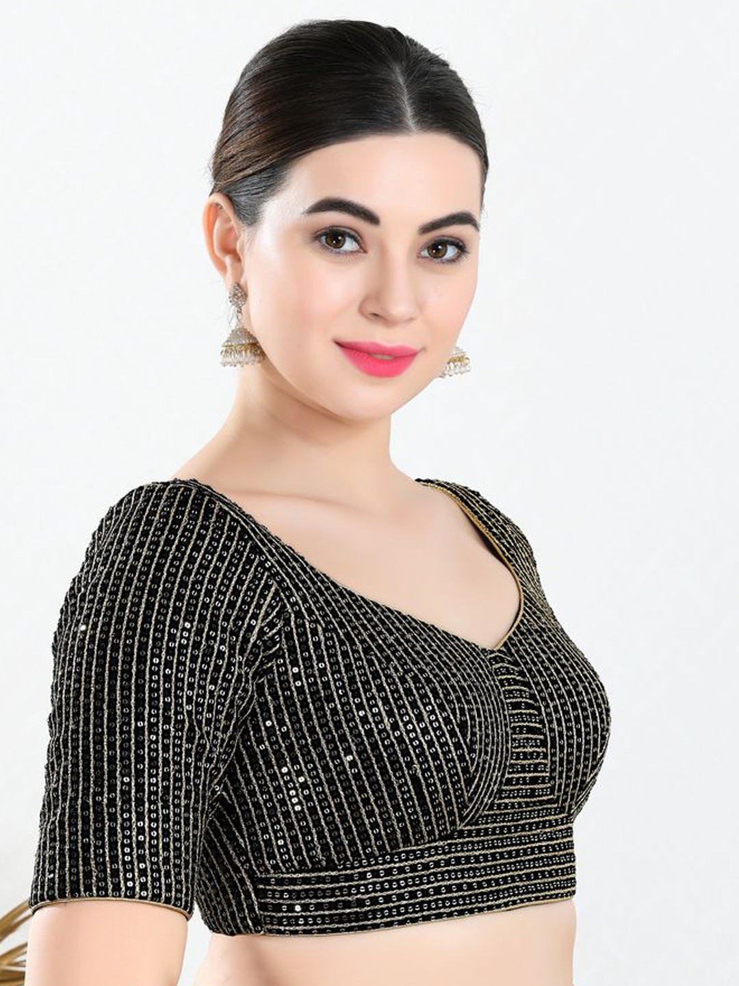 Sequinned Embroidered Sweet Heart Neck Padded Readymade Blouse