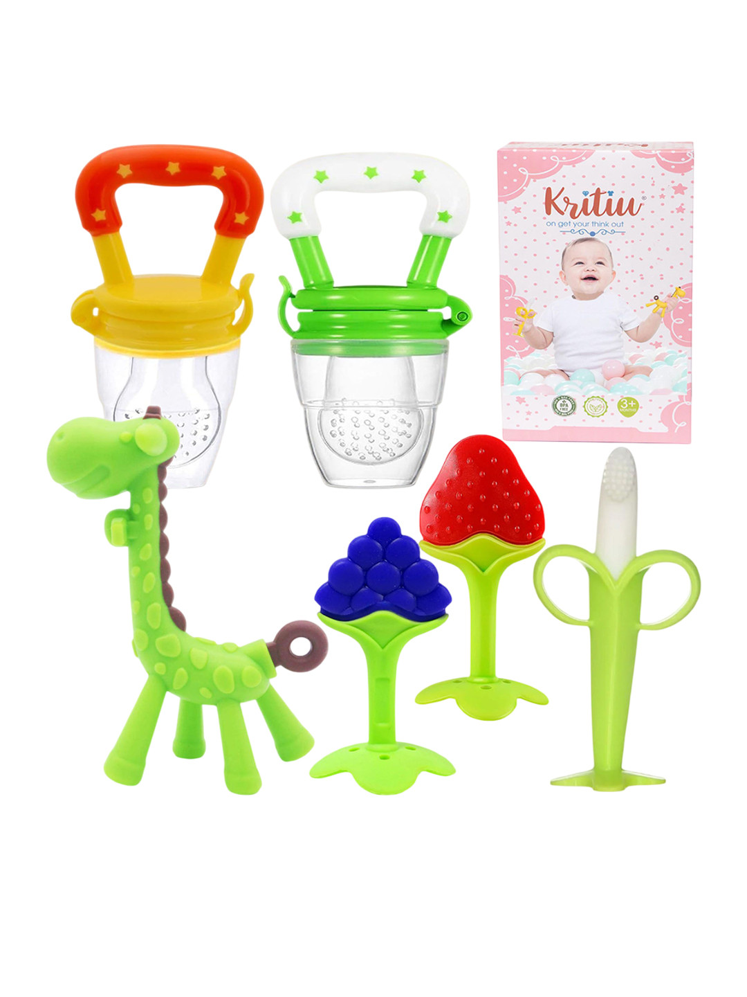 Kritiu 6-Pcs Green & Yellow Fruit Shape BabyTeether & FoodPacifier