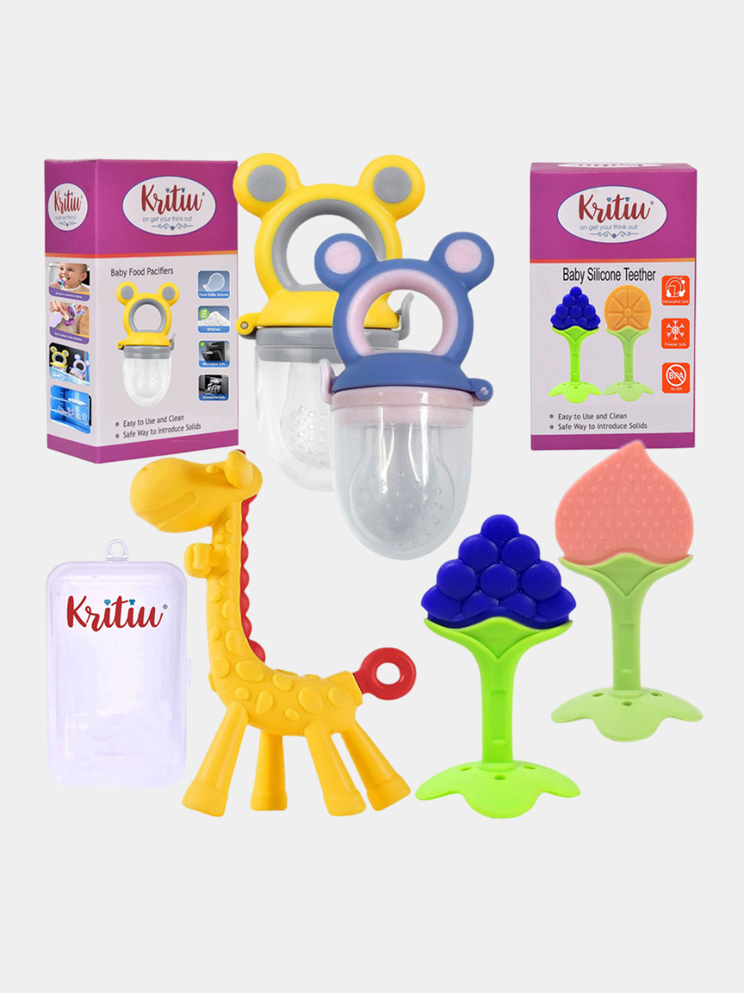 Kritiu 5-Pcs Green & Blue Fruit Shape BabyTeether & FoodPacifier