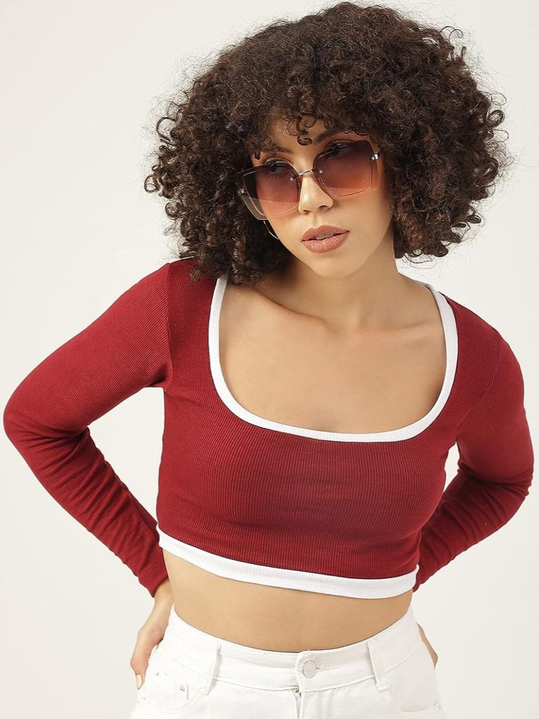 TRENDY ERA Maroon Ribbed Square Neck Crop Top