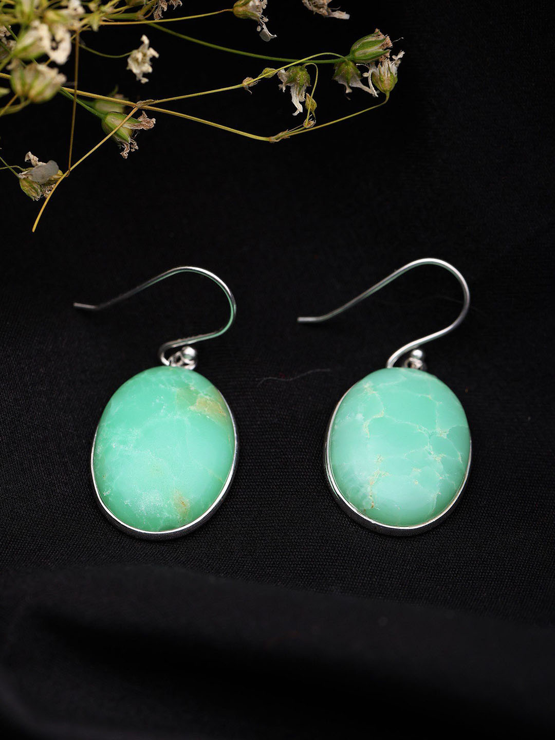Exotic India Sterling Silver Silver-Plated Chrysoprase Gemstone Oval Hoop Earrings