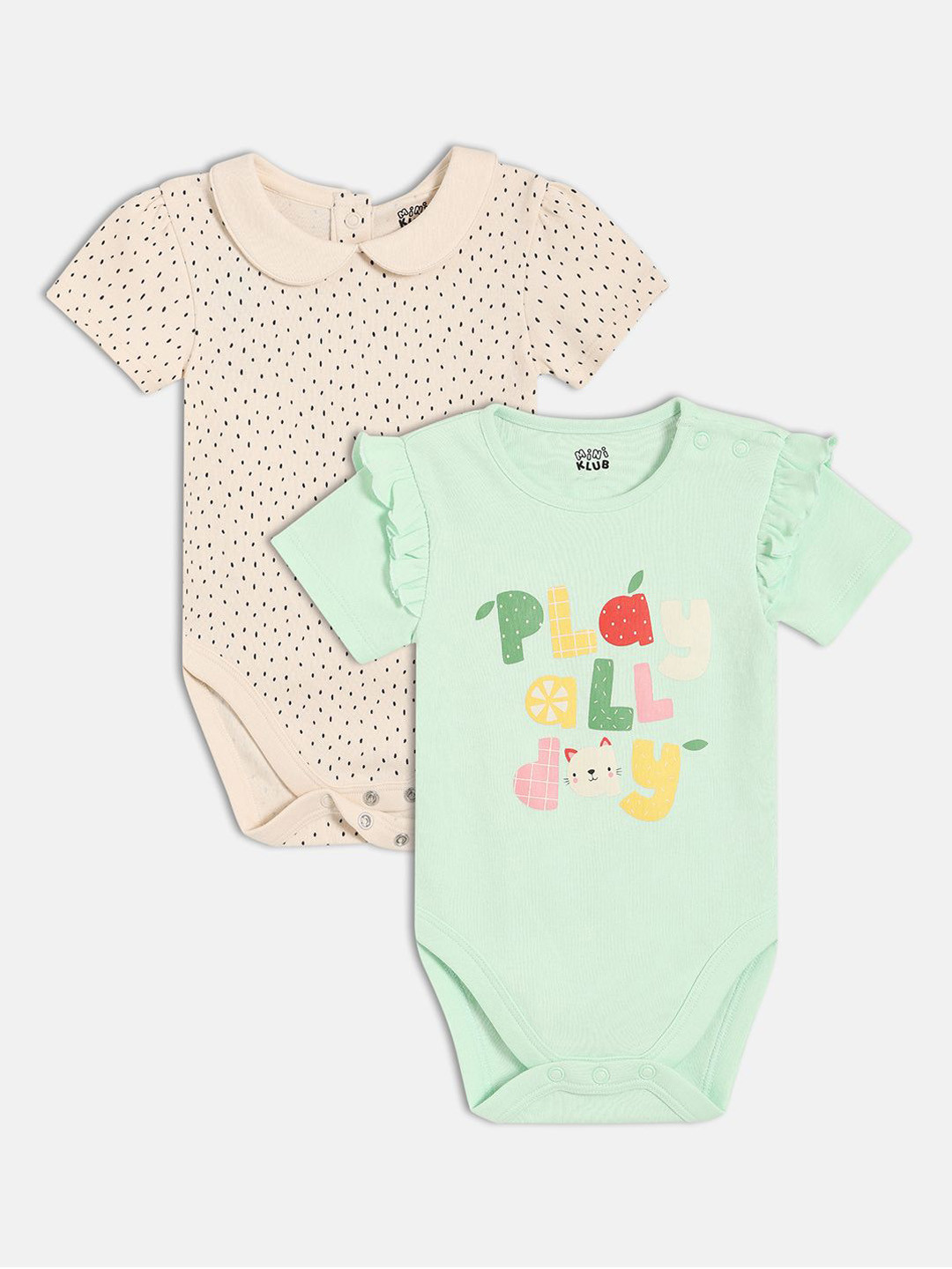MINI KLUB Infant Girls Pack Of 2 Printed & Text Printed Cotton Half Sleeves Bodysuits