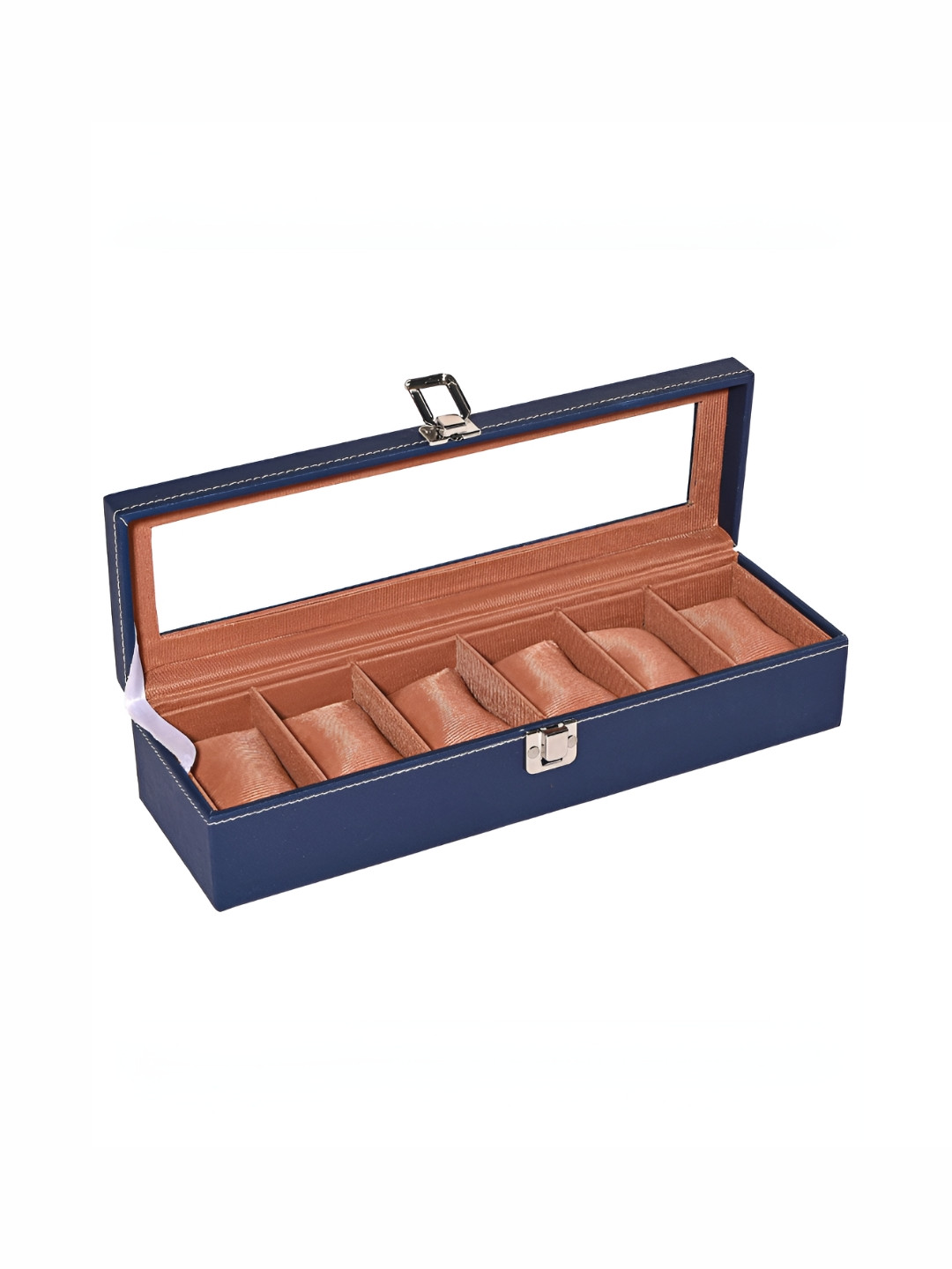 Aura Navy Blue Premium Faux Leather See Through 6 Slots Wrist Watch Organiser Watch Box
