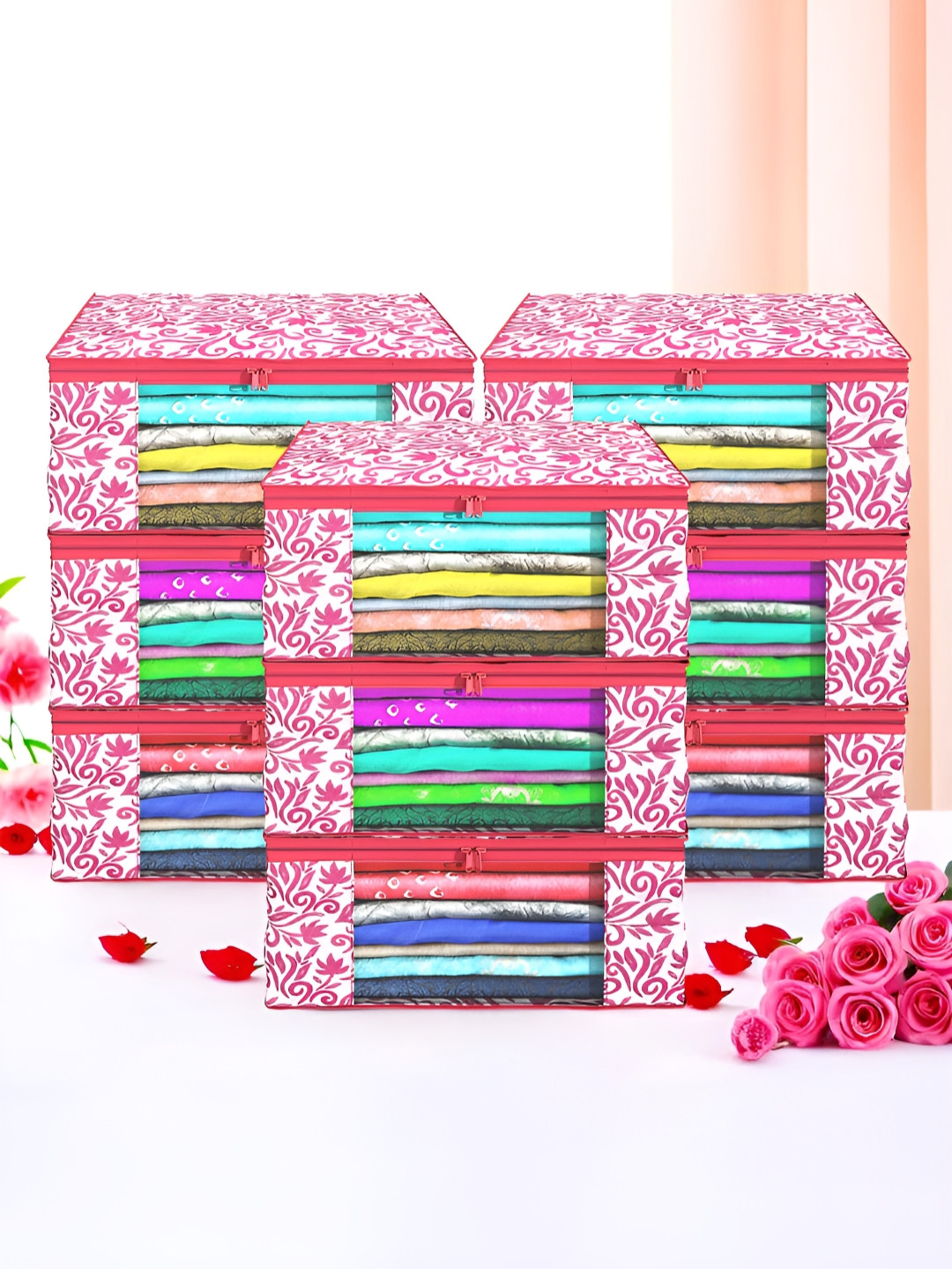 Aura Pink Set of 9 Non-Woven Saree Cover 9 Inch Clothes Bag