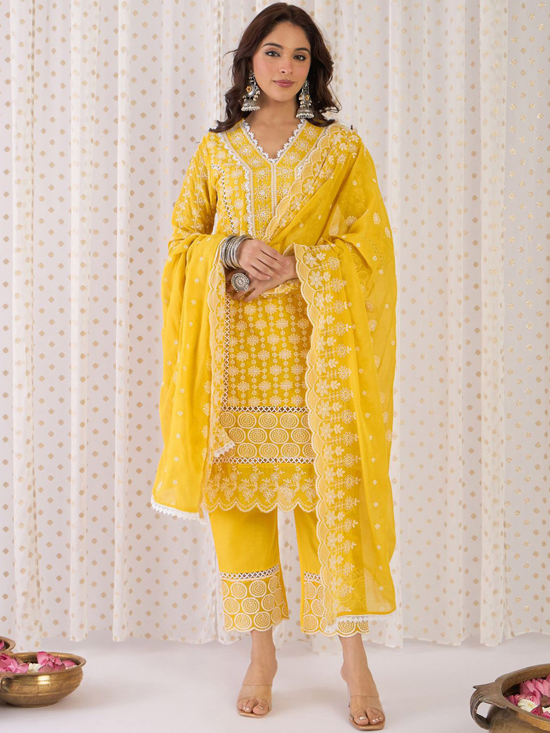 Indo Era Floral Embroidered Thread Work Pure Cotton Kurta With Trousers & Dupatta