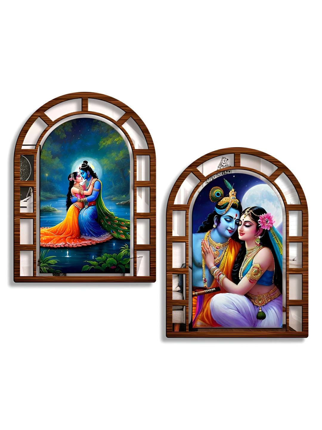 SEHAZ ARTWORKS Blue & Green 2 Pieces Radha Krishna Religious Wooden Wall Art