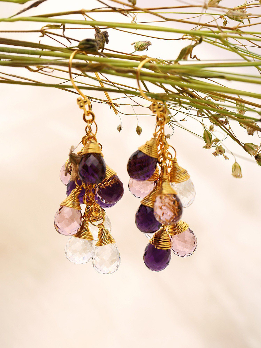 Exotic India Gold Plated Sterling Silver Amethyst And Crystal Briolette Bunch Earrings