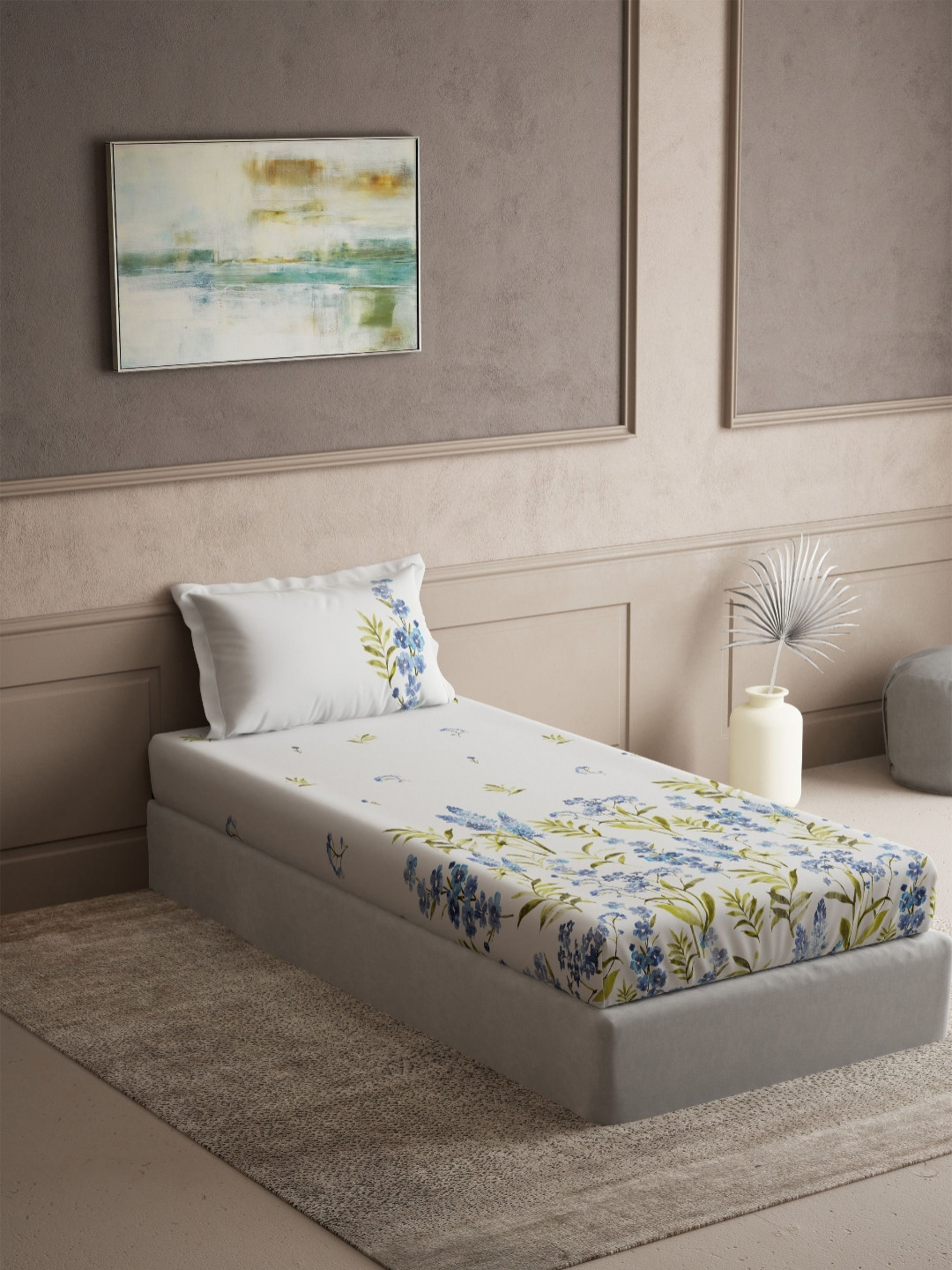 DDecor Radiance White Floral Cotton 145 TC Single Bedsheet with 1 Pillow Cover-1.52mX2.24m