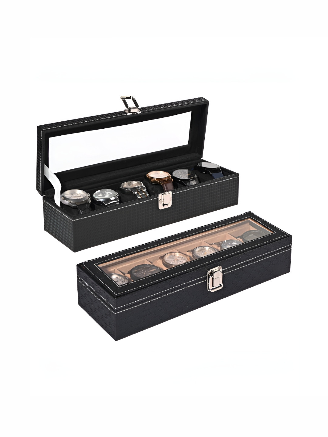 Aura Gold-Toned 2 Pcs Premium Faux Leather 6 Slots Wrist Watch Organiser Box Watch Holder