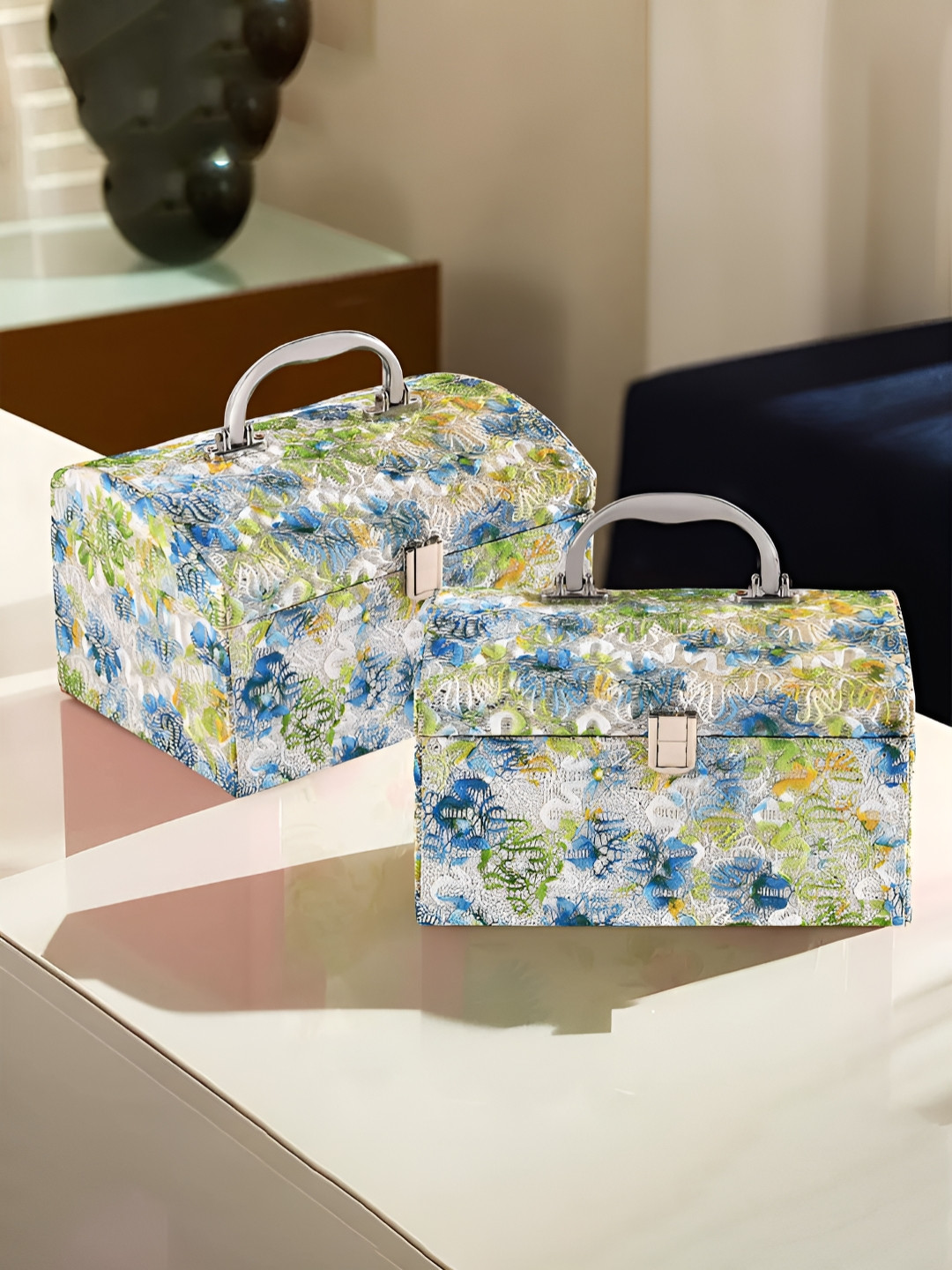 Aura Green 2 Pcs Makeup Box Vanity Box Jewellery Organiser Storage Box Printed Palki Lock