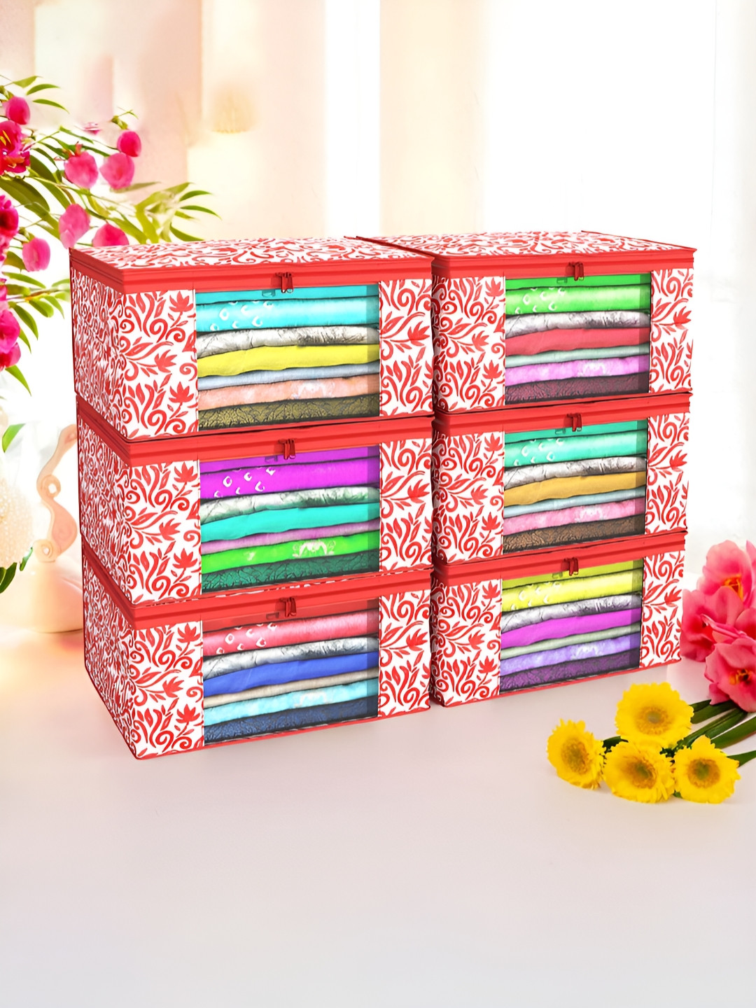 Aura Red Set of 6 Non-Woven Saree Cover 9 Inch Clothes Bag