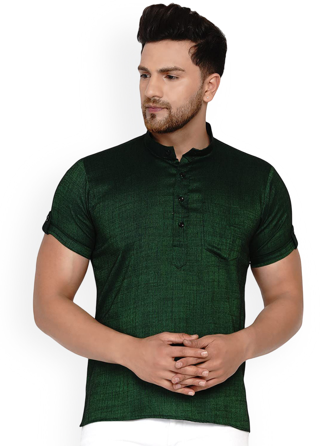 VEERA PARIDHAAN Band Collar Short Roll-Up Sleeves Straight Kurta