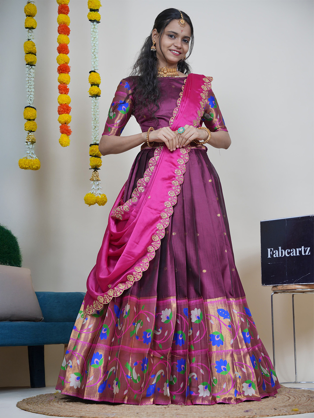 Fabcartz Block Print Semi-Stitched Lehenga & Unstitched Blouse With Dupatta