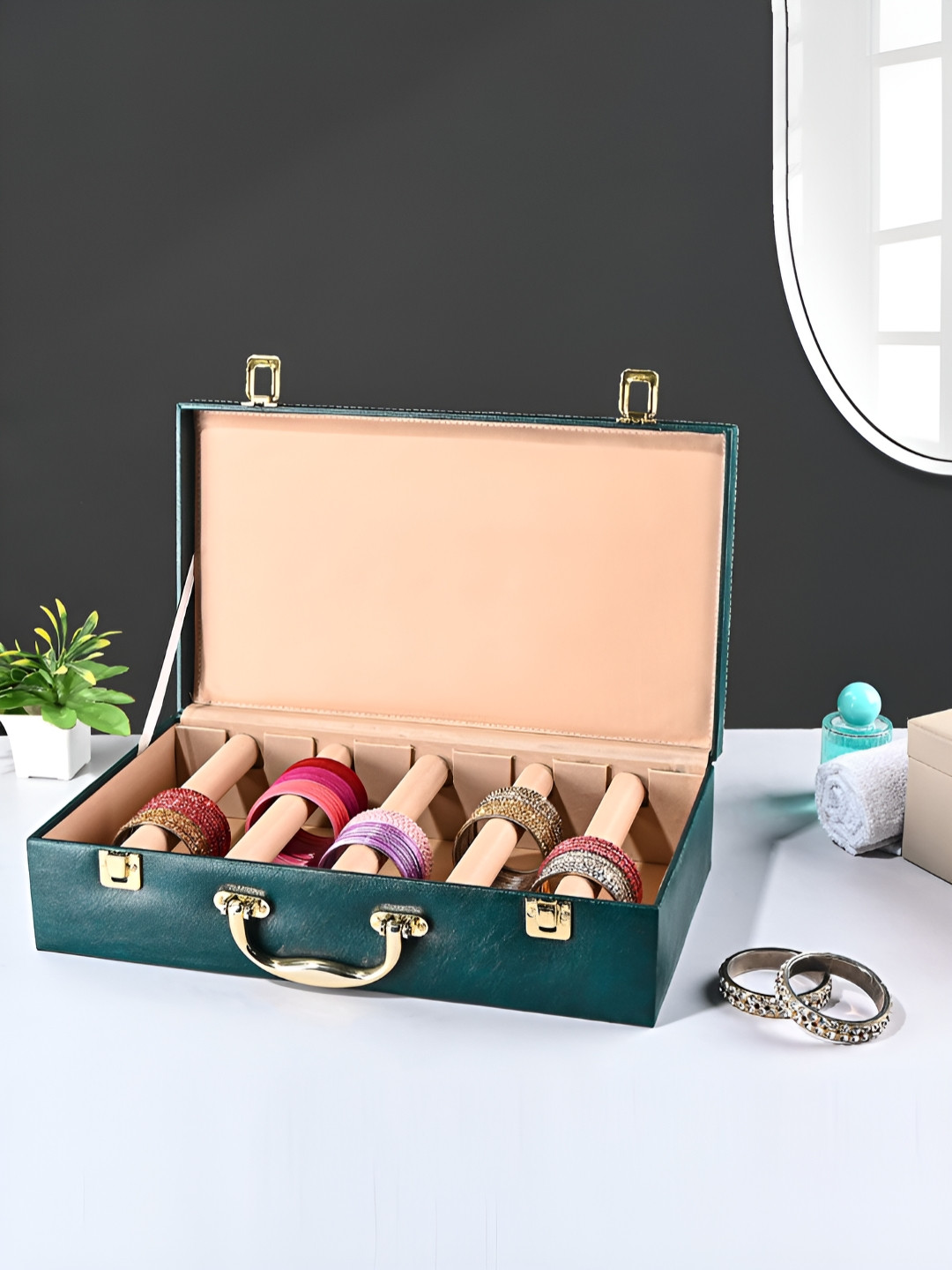 Aura Teal 5 Rod Premium Faux Leather Bangle Box Chudi Box Jewellery Organiser