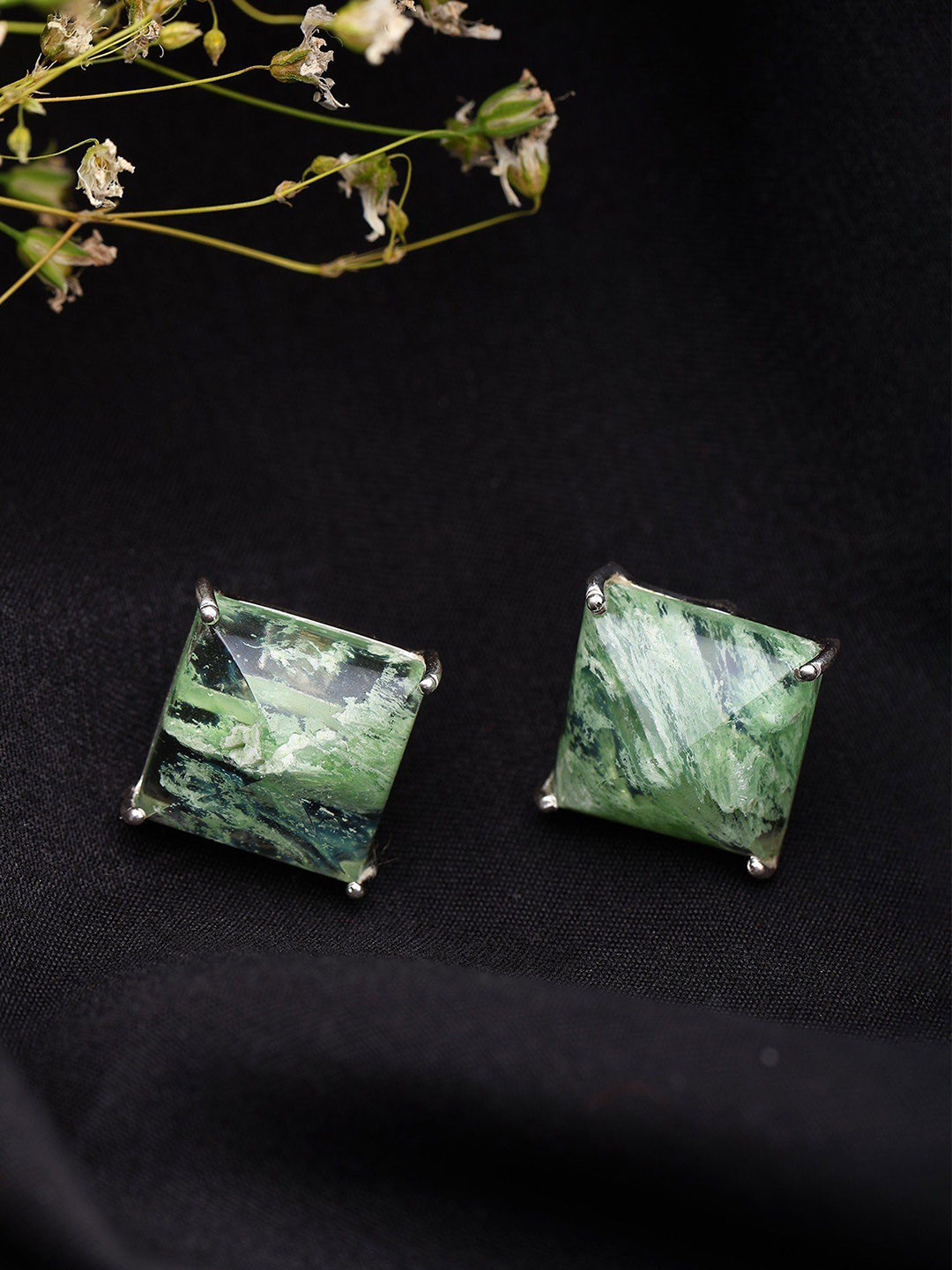 Exotic India Sterling Silver-Plated Square Shaped Aqua Crackle Gemstone Studs