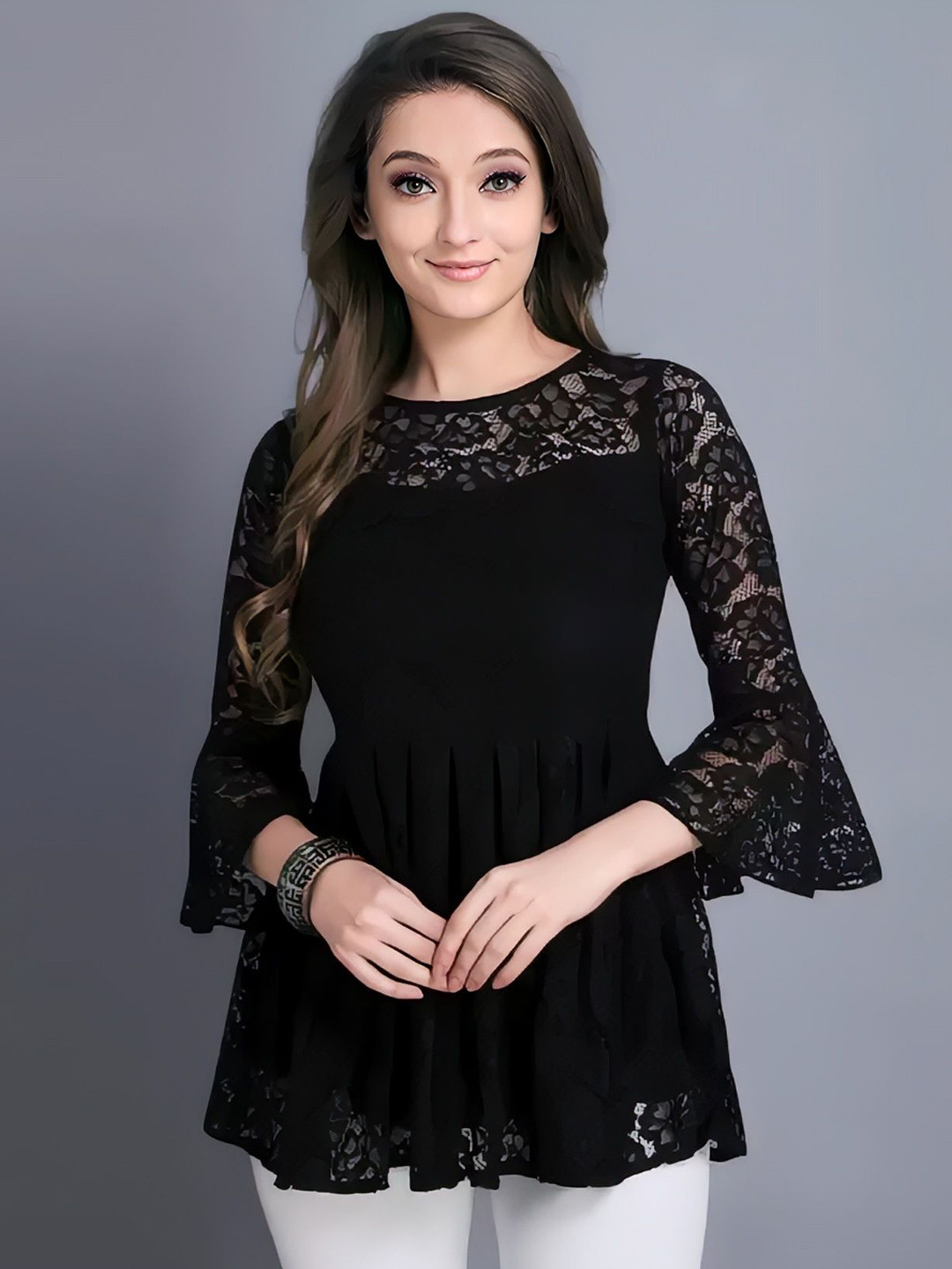 ZELZIS Women Russel Net Bell Sleeve Tops