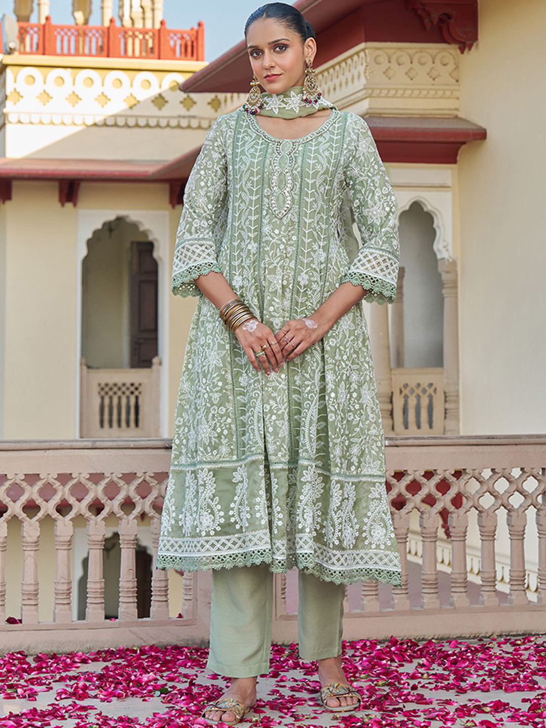HEEPOSH Floral Chikankari Embroidered Anarkali Organza Kurta with Trousers & Dupatta