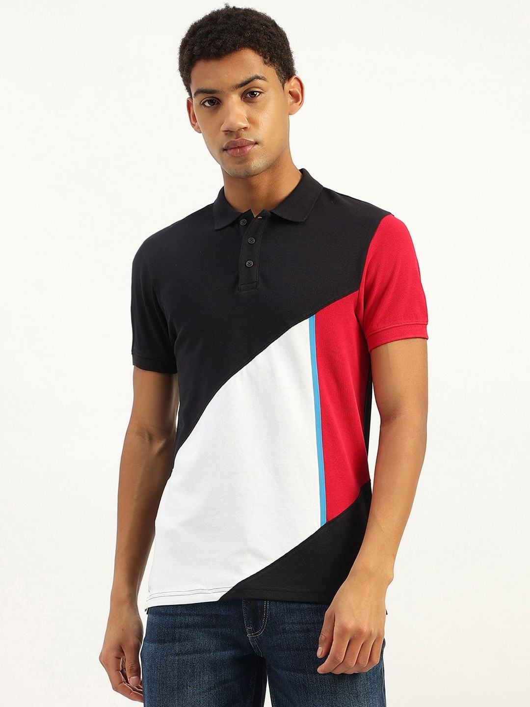 United Colors of Benetton Men Colourblocked Polo Collar Pure Cotton Applique T-shirt