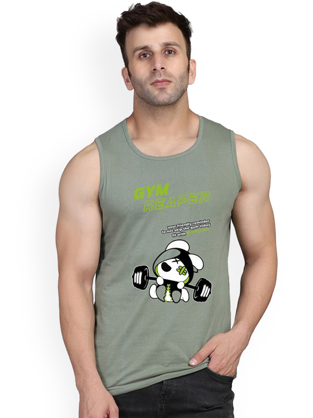SLOWLORIS Printed Super Combed Cotton Gym Vest VSL26 GYM LGTGREEN