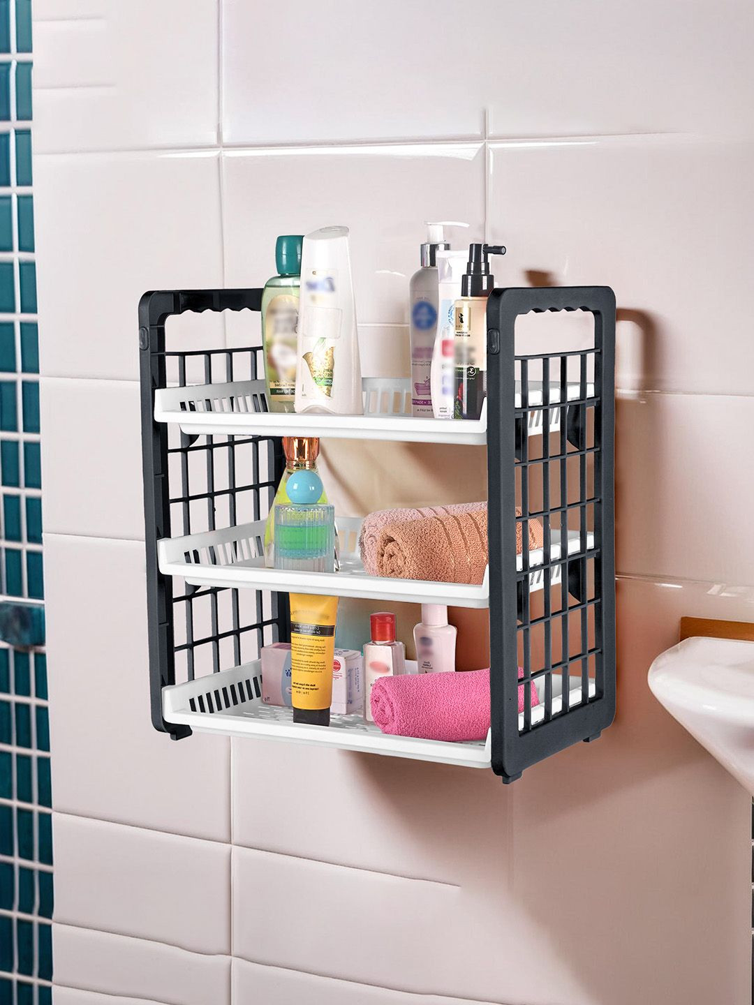 Kuber Industries White & Grey 3-Tier Wall Mount Plastic Bathroom Rack Storage Rack