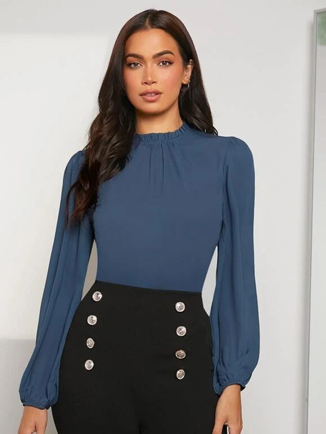 Chemistry Women High Neck Long Puff Sleeve Top