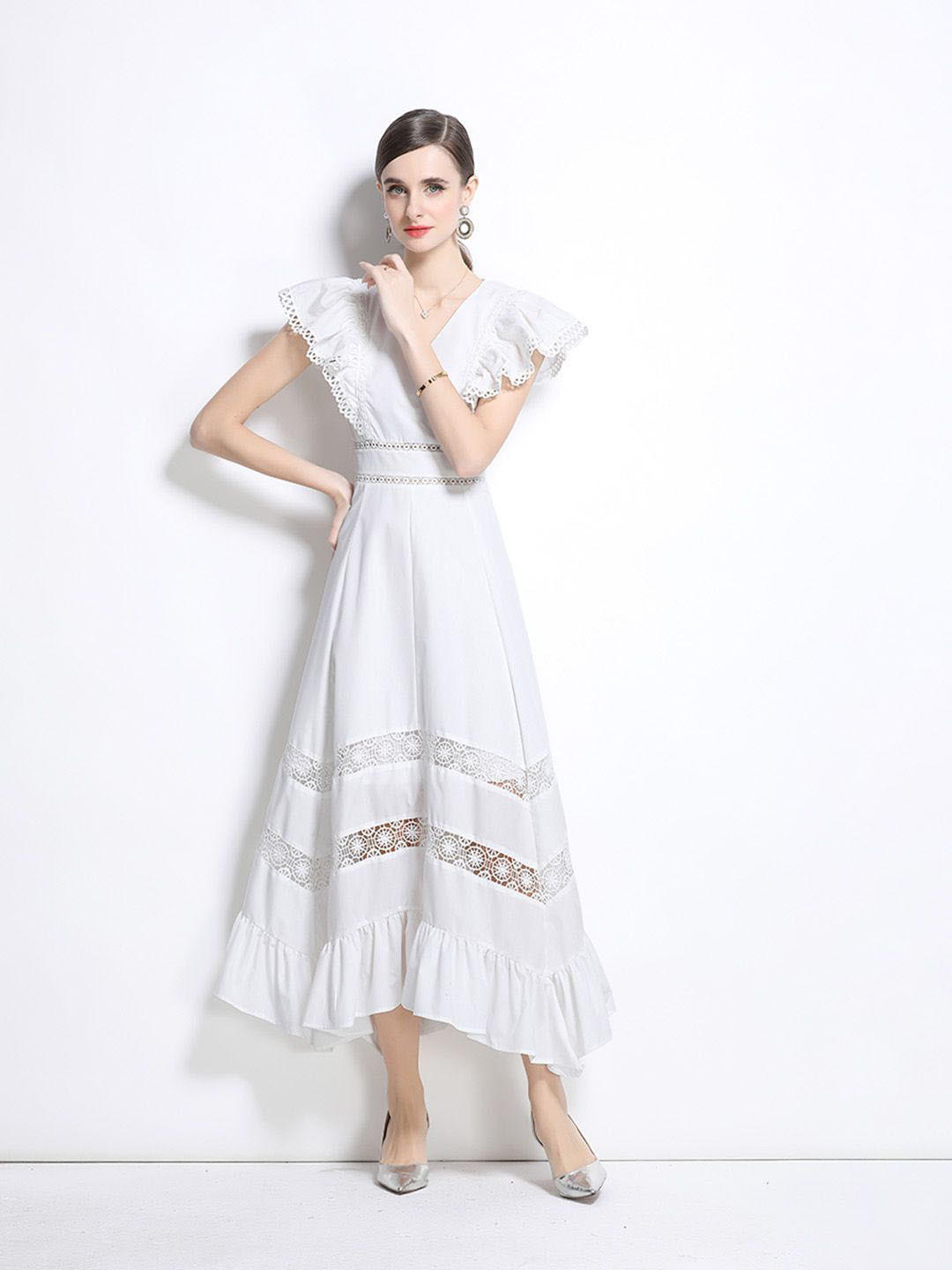 JC Collection Solid V-Neck Ruffles & Lace Insert Detail Midi Dress