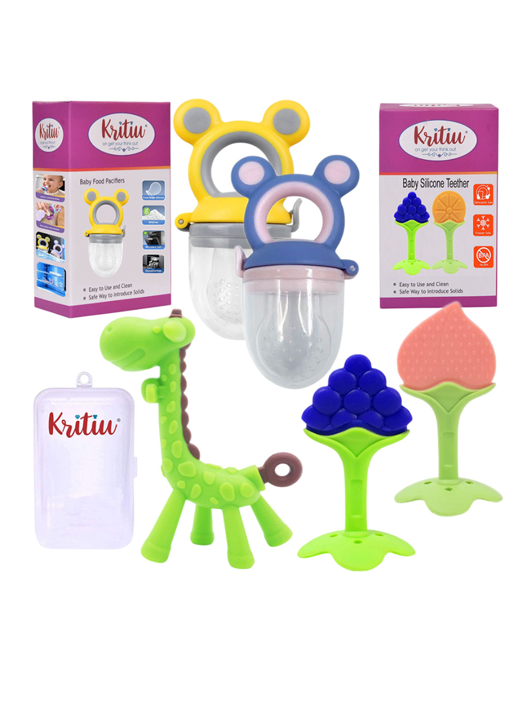 Kritiu 5-Pcs Green & Blue Fruit Shape BabyTeether & Food Pacifier