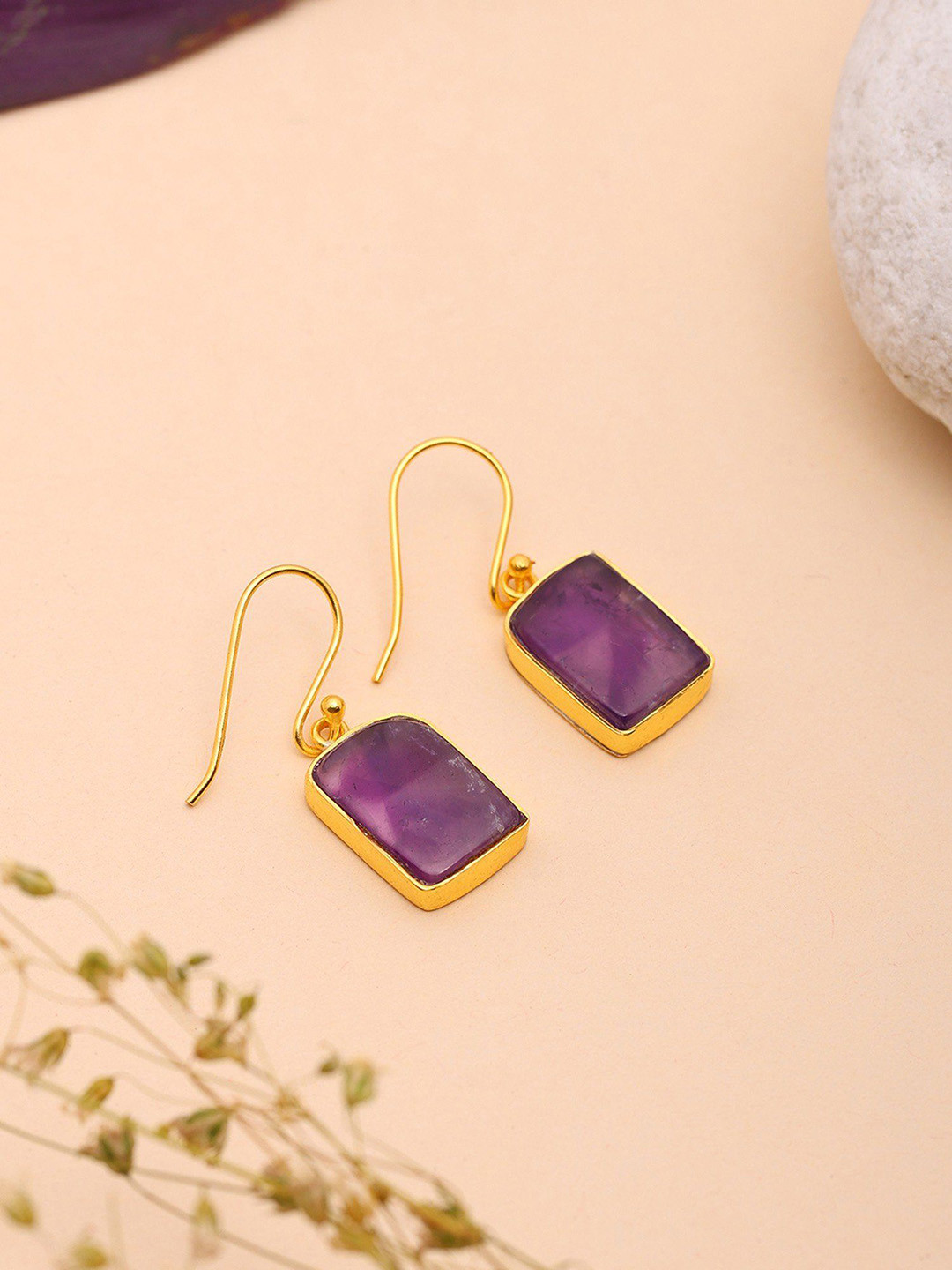 Exotic India Sterling Silver Gold-Plated Amethyst Studded Rectangular Shaped Drop Earrings